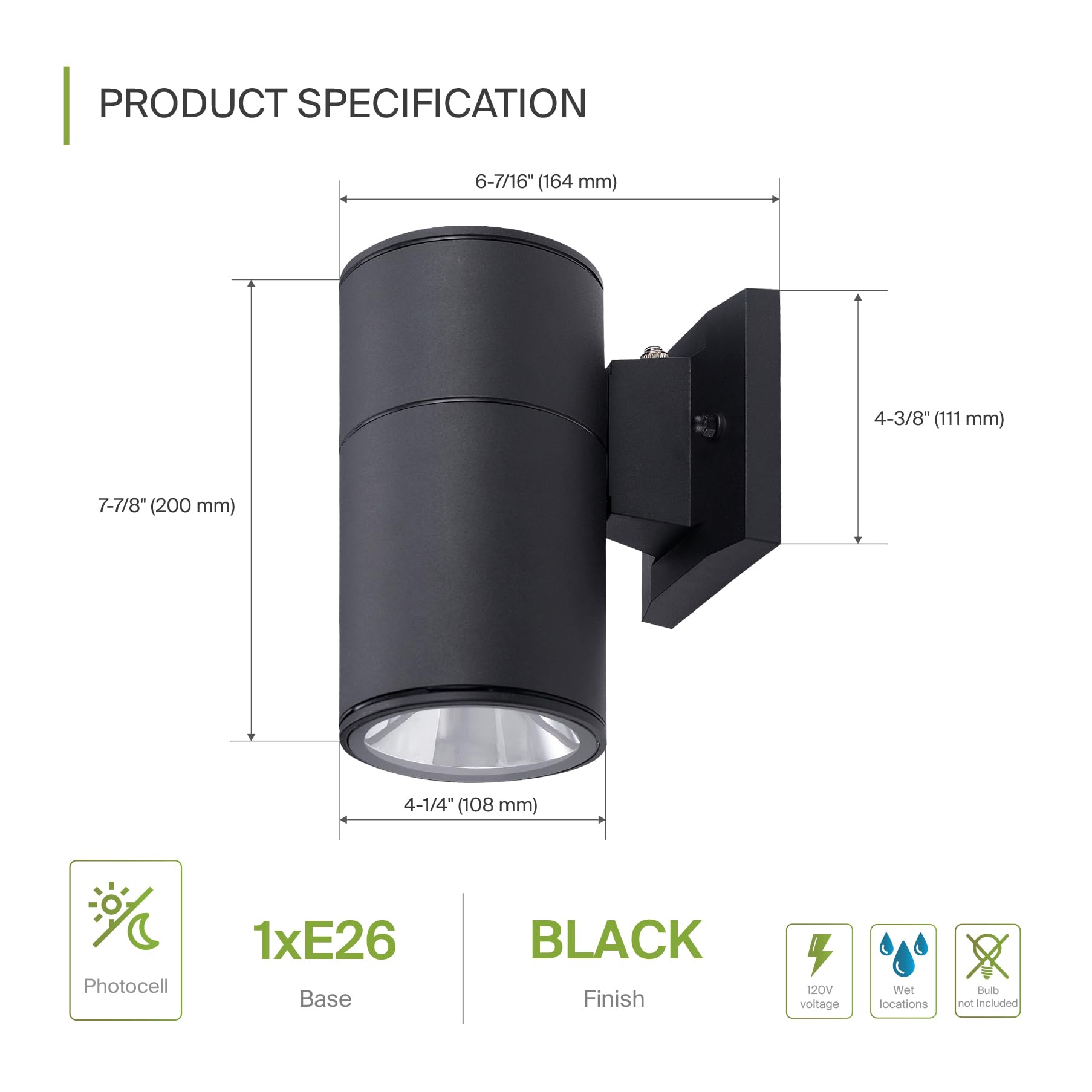 Asd 1-Way Round Cylinder Wall Light Fixture, Photocell, 60W E26, Waterproof, Black, Model A-Oclr-1Apc-Bk