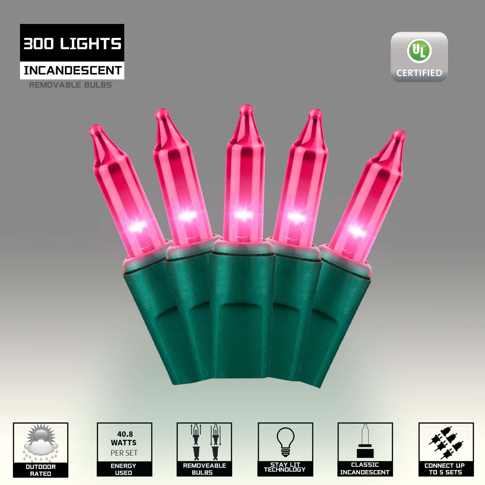 Justpro 300Lights(2*150L) Pink Extra-Bright With End Connectors Christmas Decorative Lights 19.44M Ul Certified Mini String Ligh