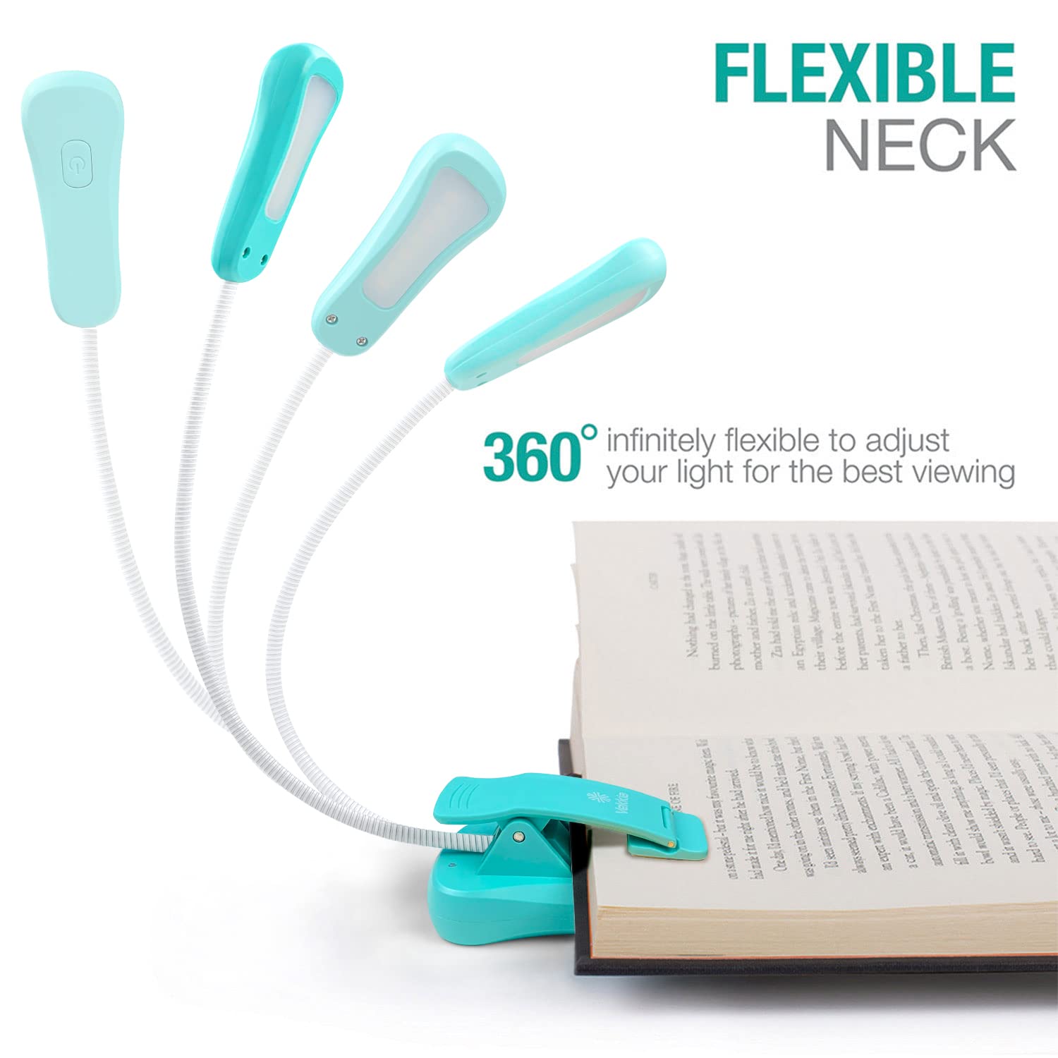 Vekkia Rechargeable Book Light, 3 Colors & Brightness, 4"x3.5"x1.8", Plastic, Blue, Model BK-03-BU, Up to 70