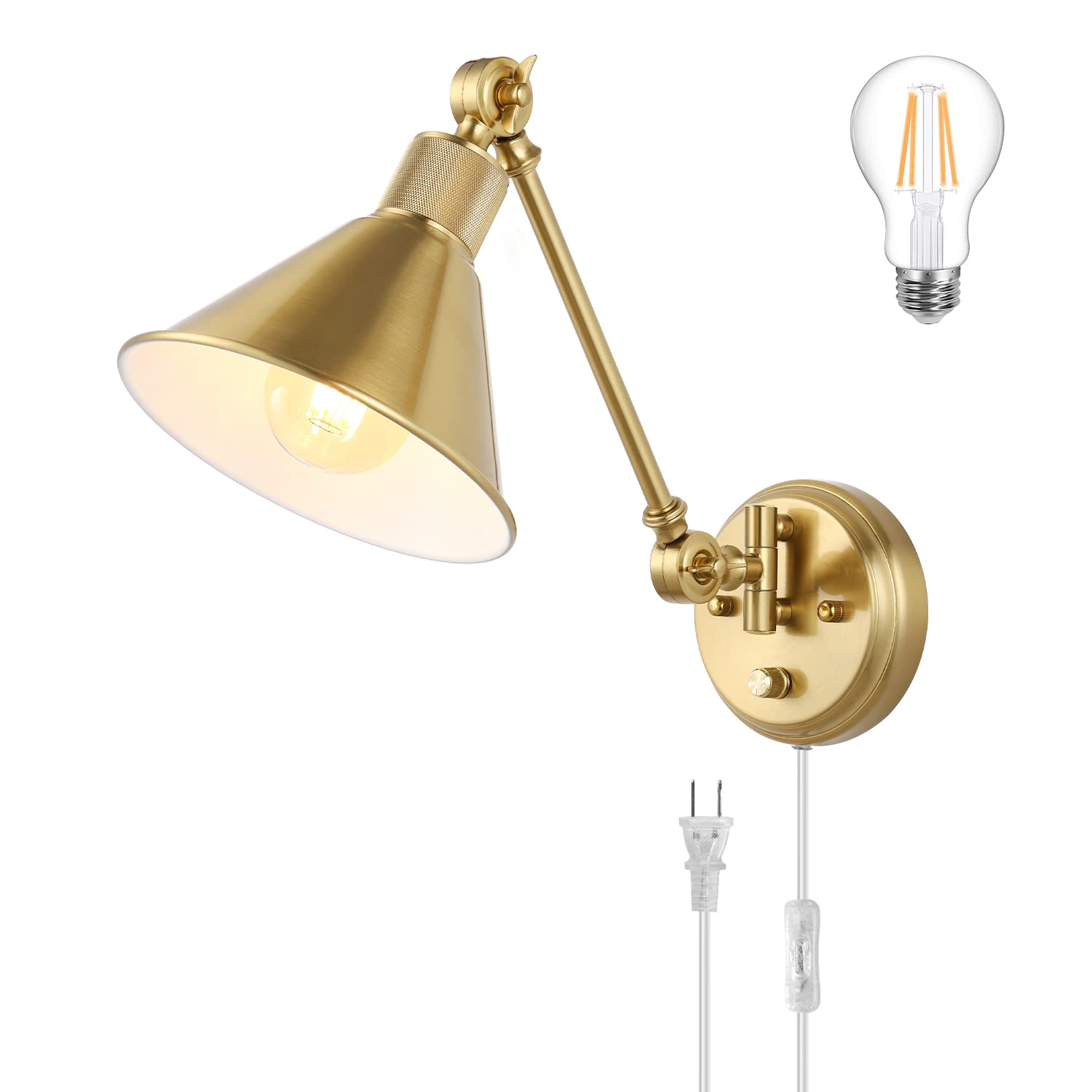 TRLIFE Wall Sconce, Dimmable Brass Swing Arm Light, 1 Pack, Gold, Model Arm-SconceBr-01