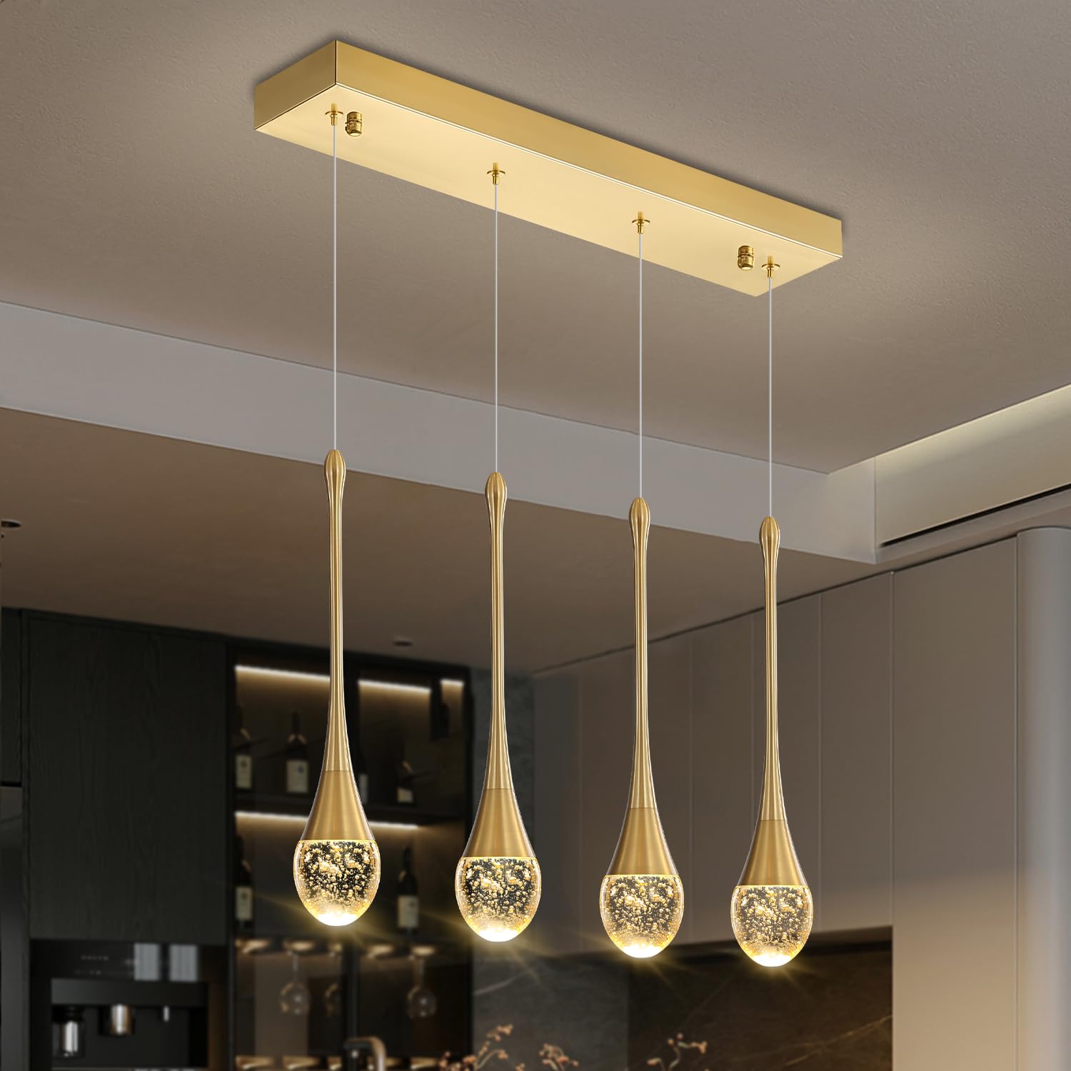 ykolupty Dining Room Light Fixture 4-Light Gold Kitchen Island Lighting Industrial Linear Crystal Chandeliers for Dining Room Pe