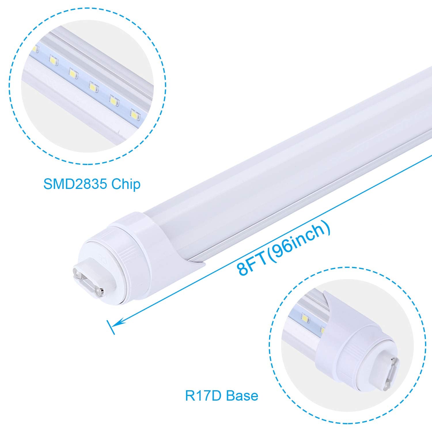 R17D 2 Pin Led 8Ft Tube Light Bulbs, 45W (110W Fluorescent Light Equivalent), 5400Lm, 6000K T8 8Ft Led Bulbs, Frosted Cover, Bal