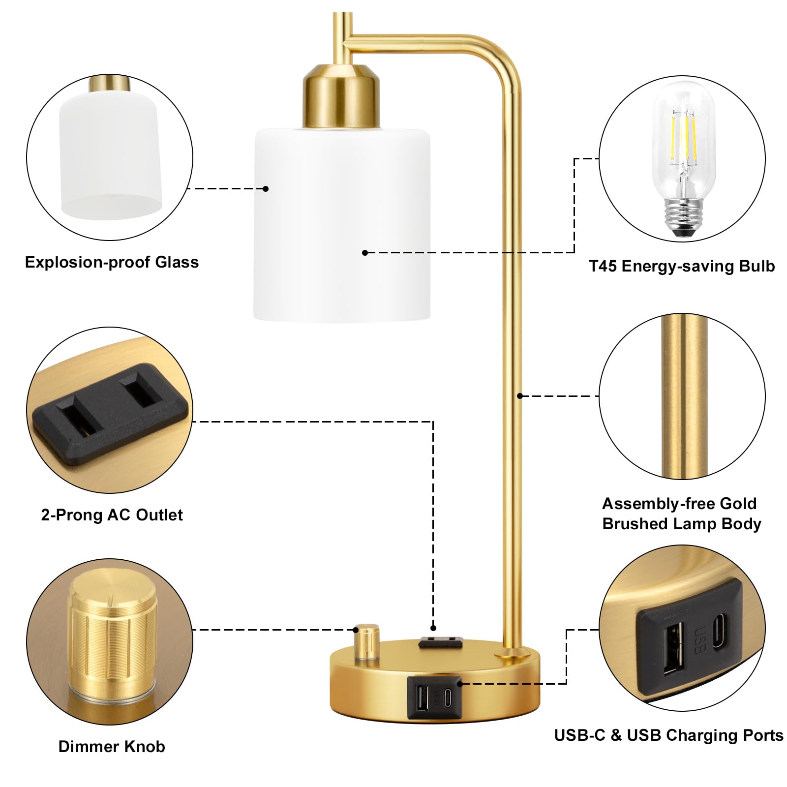 Innqoo Industrial Table Lamps For Bedroom Set Of 2 - Fully Dimmable Bedside Lamps With Usb Ports And Outlet, Gold Nightstand Lam