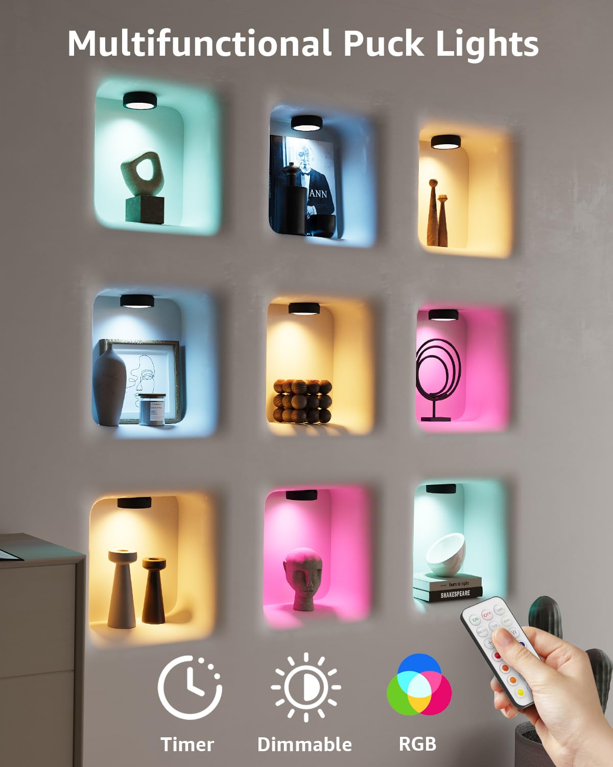 Vloee Rechargeable RGB Puck Lights - 4 Pack, Wireless LED, Remote Control, Magnetic, 2400mAh Battery, Ideal for Closet & Kitchen