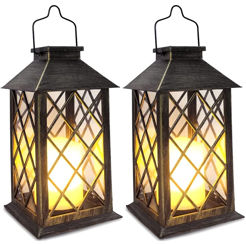 Shymery Solar Lantern 2 Pack - 14 Inch Waterproof Led Flickering Flameless Candle, Bronze