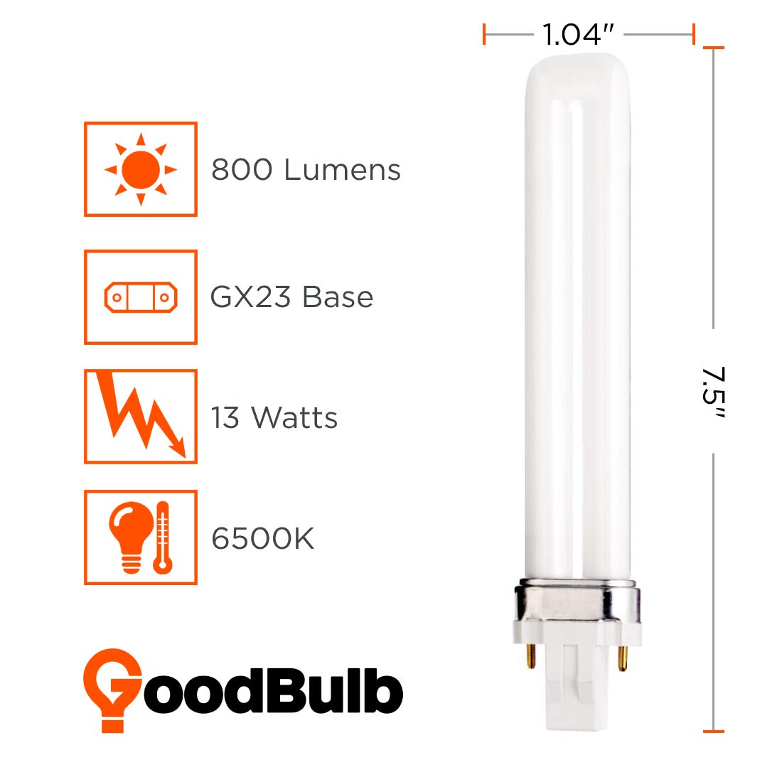 GoodBulb CFL Light Bulbs 13W 800 Lumens 6500K Full Spectrum 2 Pin GX23 Base 10 Count Pack