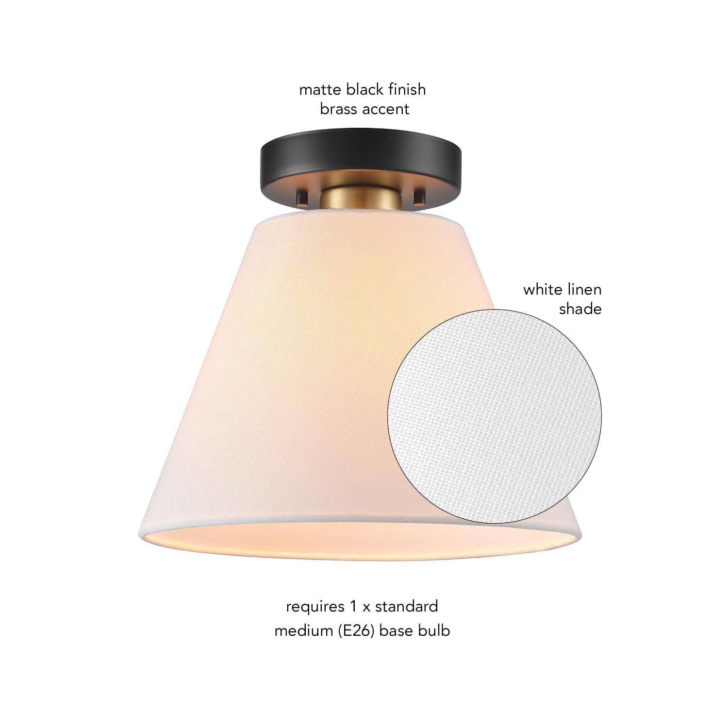 Globe Electric 66000137 1-Light Semi-Flush Mount Ceiling Light, Matte Black, Matte Brass Accent, White Linen Shade, Home Improve