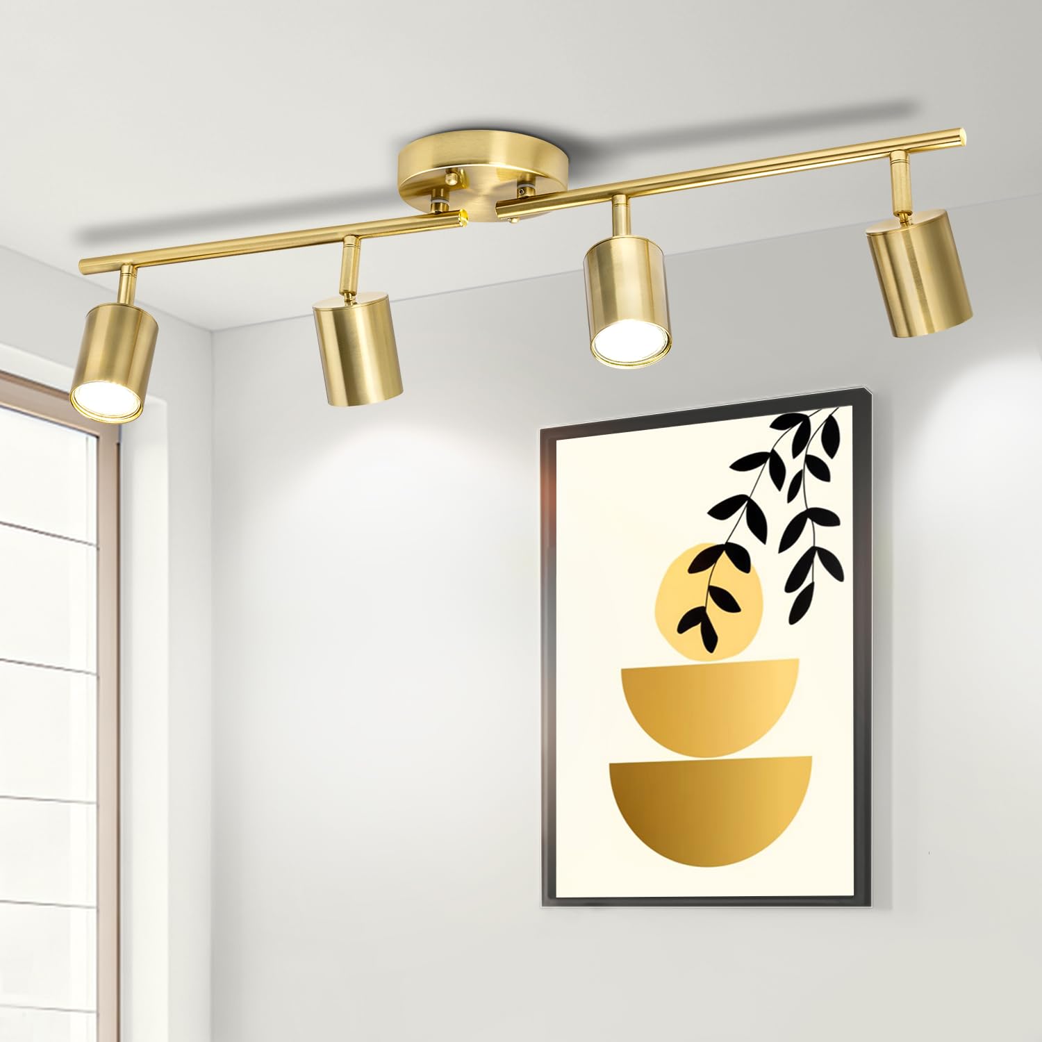 Fondiiz 4 Ways Track Lighting  Rotatable Heads Tracks Light  Track Lightings Fixtures Ceiling With Foldable Arms  Brushed Gold Tracks Light For Kitchen  Living Room  Hallway(Bulbs Not Included)