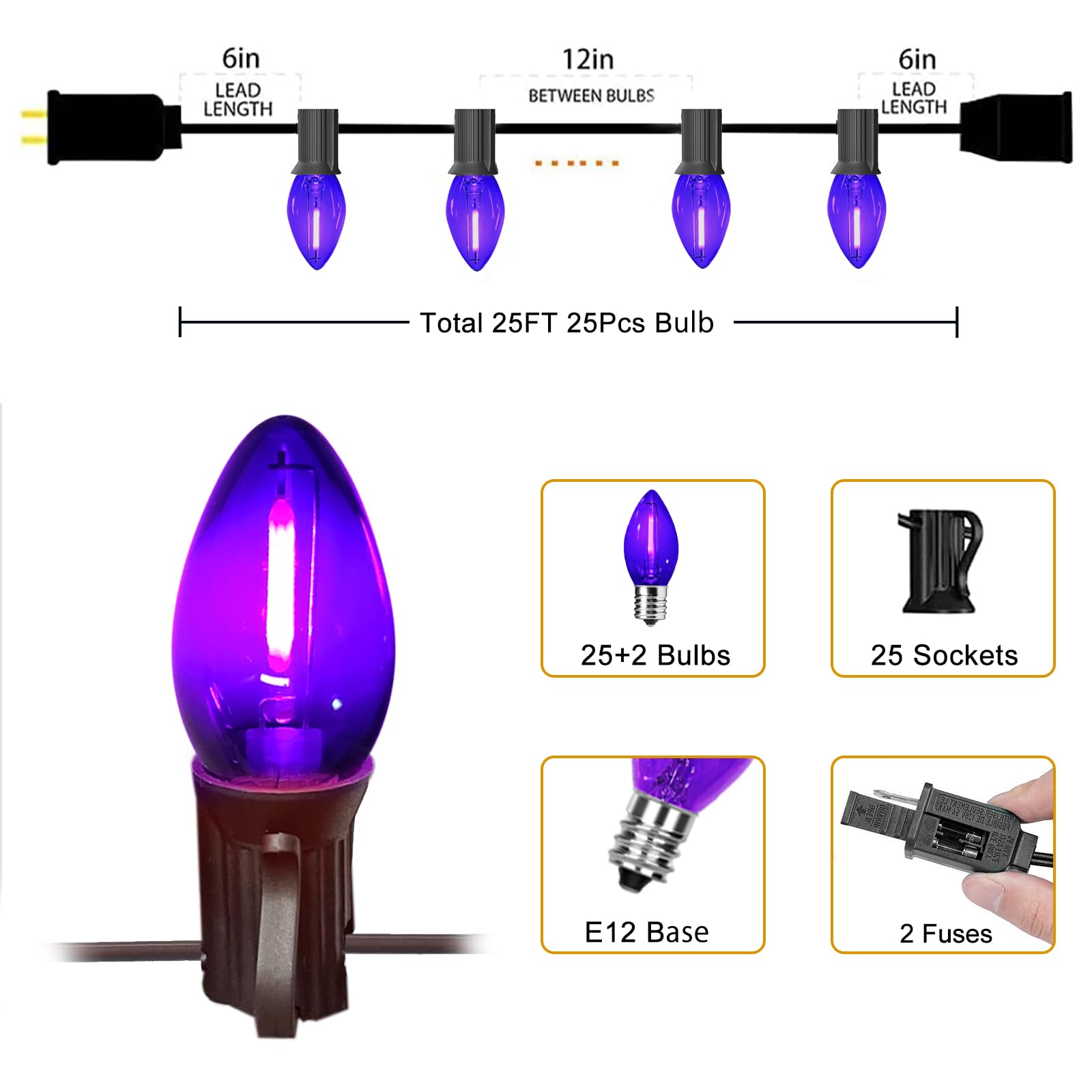 Chyparty 25Ft C7 Purple Halloween Lights Outdoor Indoor  Led String Lights With 25 Shatterproof Bulbs For Patio  Yard  Fence  Christmas Tree  Holiday D?Cor