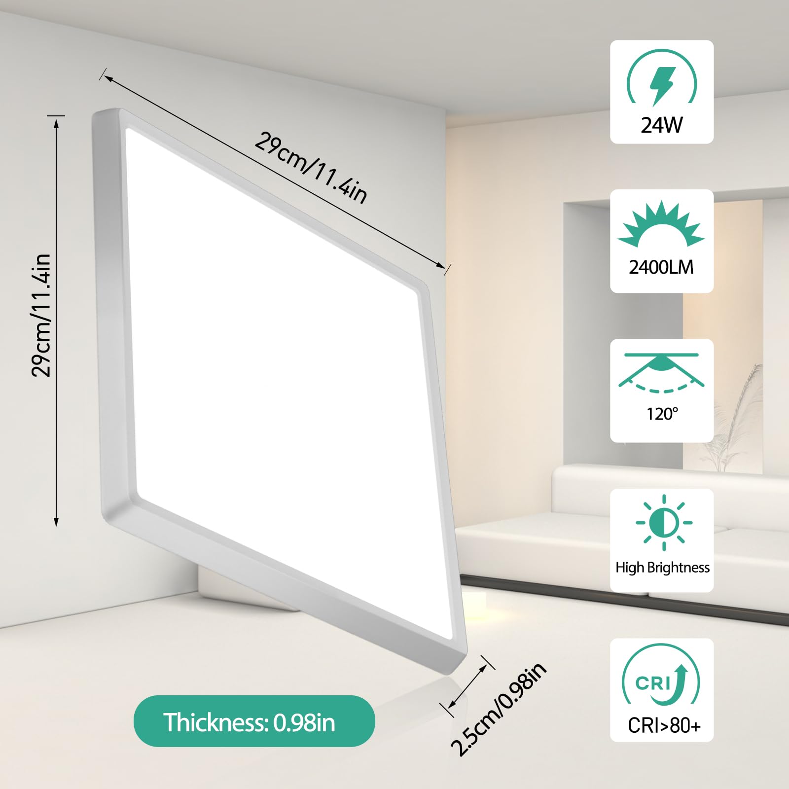 DODOPEN LED Ceiling Light Fixture 12 inch, 2400LM, 24W, 3CCT Square White, Model DSD-F, Non-Dimmable