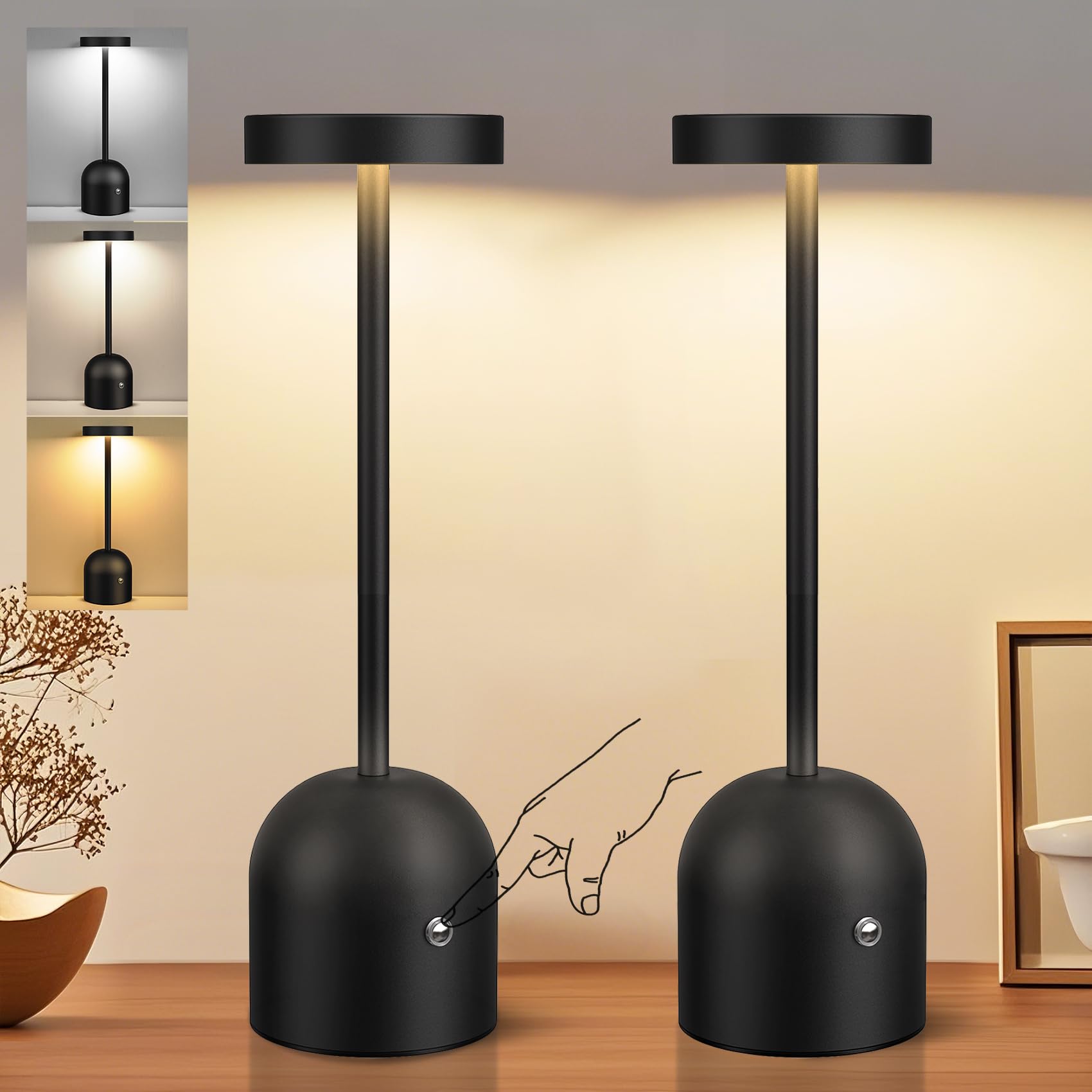 Yacoto 2 Pack Cordless Table Lamps, 5000Mah Rechargeable Battery Operated Outdoor Lamp, 3 Color Stepless Dimming Wireless Led De