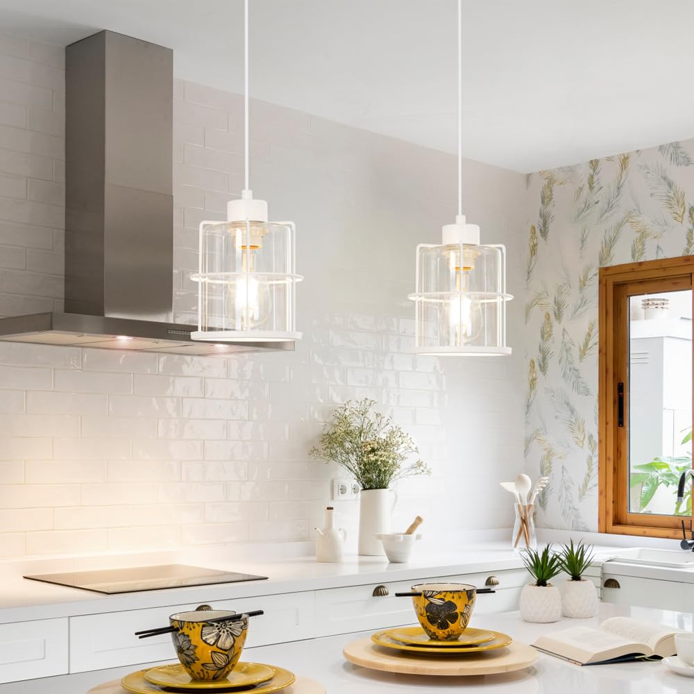 Modern White Industrial Pendant Light Fixtures, Clear Glass Cage Pendant Lights Kitchen Island, Adjustable Cord Medium Milk Hang