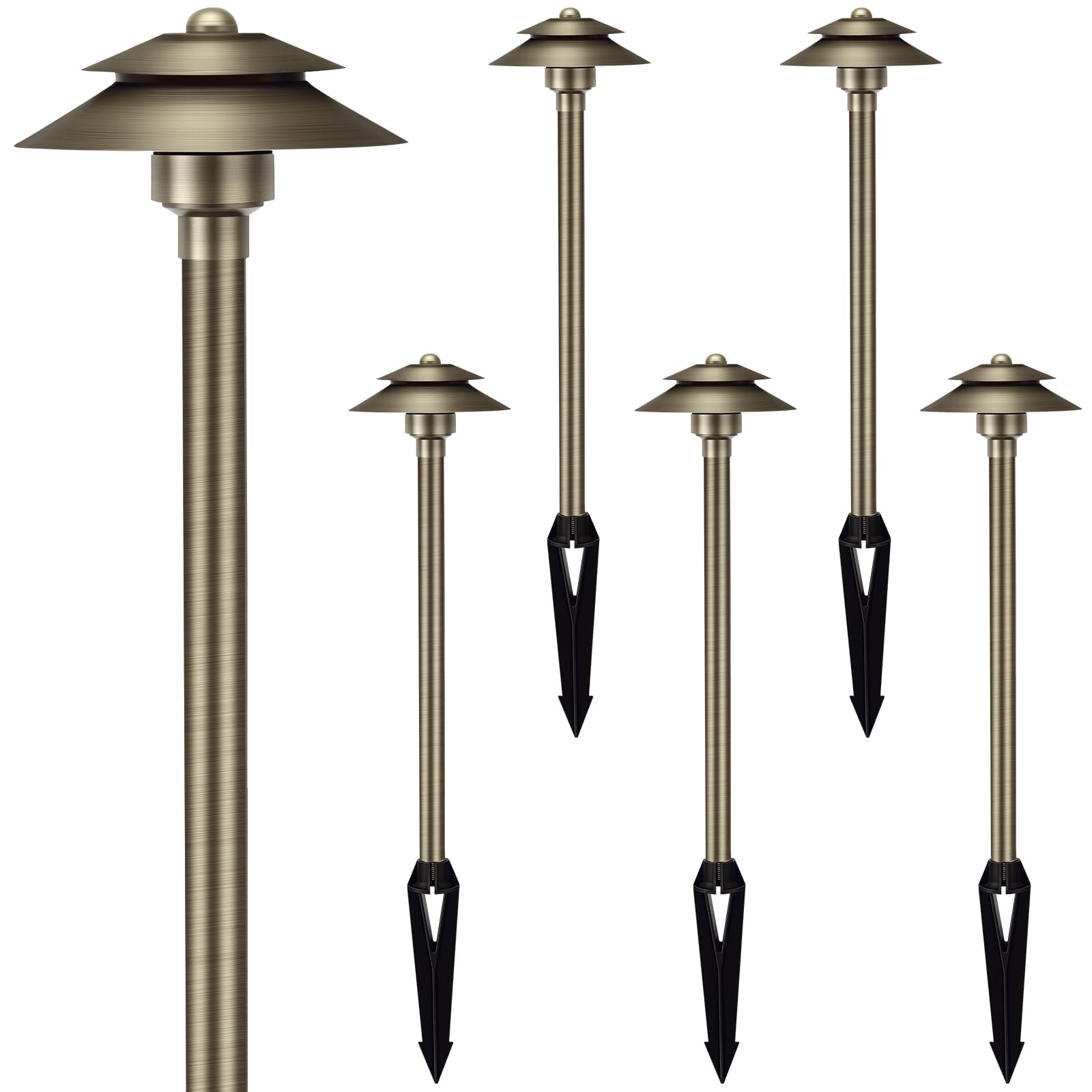Gardencoin Solid Brass Low Voltage Landscape Pathway Lights (6 Shade  19 Tall)  12V Led Heavy Duty Path Lighting Outdoor Wired  Waterproof Antique Bronze Walkway Light Without G4 Bulb 6 Pack
