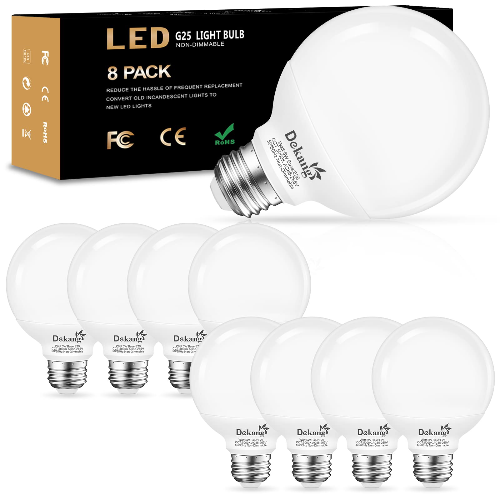 Dekang 8-Pack G25 Led Globe Light Bulbs For Bathroom 5000K Daylight, E26 Base Vanity Light Bulbs 60W Incandescent Equivalent, 5W