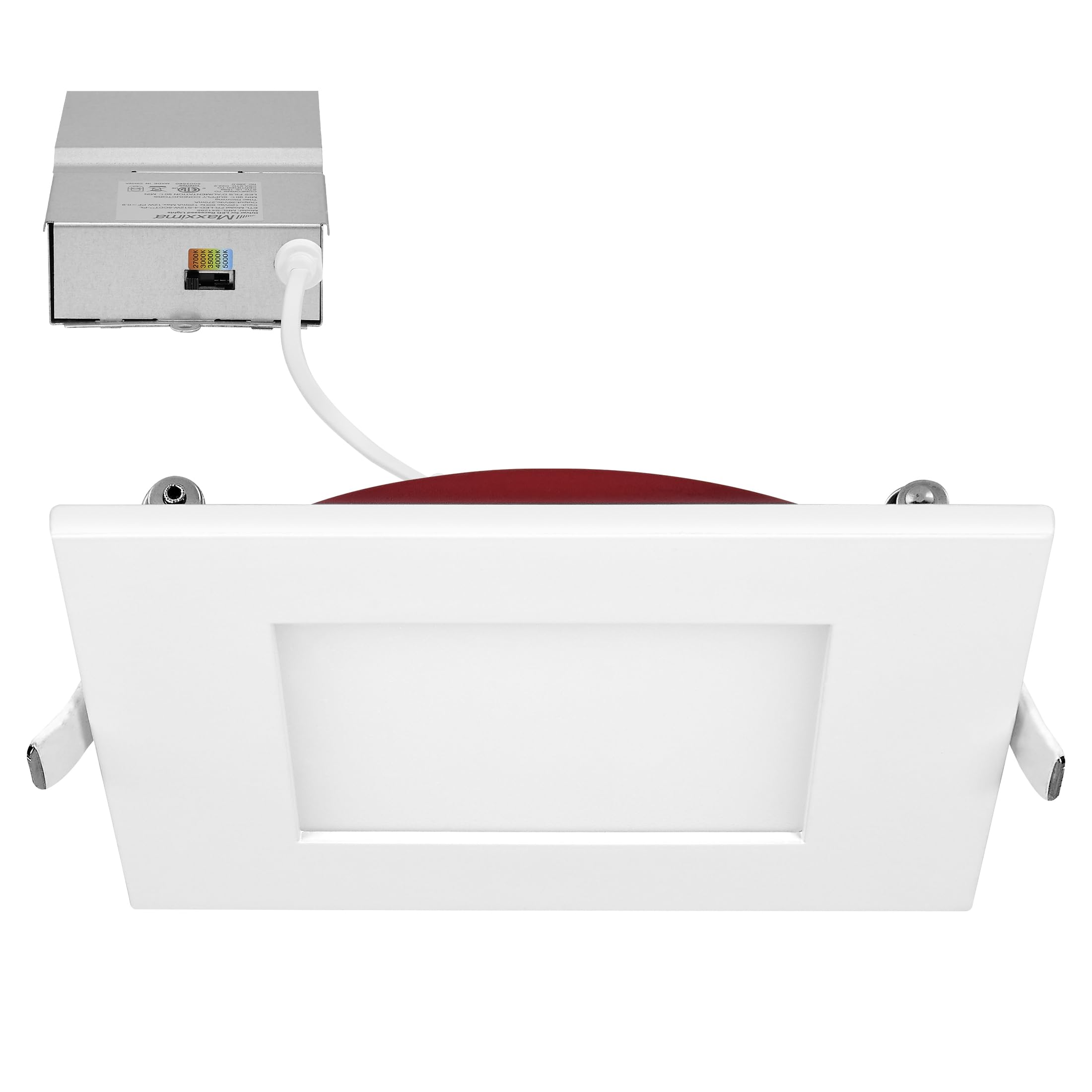 Maxxima 4 in. 2 Hour Fire Rated Ultra Thin Square LED Downlight, Slim Recessed Canless Light, IC Rated, 800 Lumens, 5 Color Temp