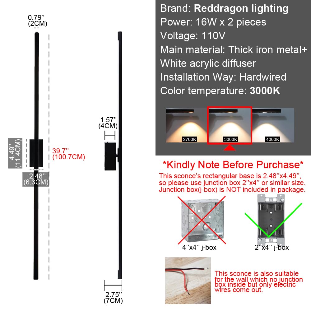 Reddragon Lighting LED Wall Sconce Set of 2, Dimmable Black, 40 Inch Hardwired Iron Vanity Light for Living Room, Bathroom, Bedroom