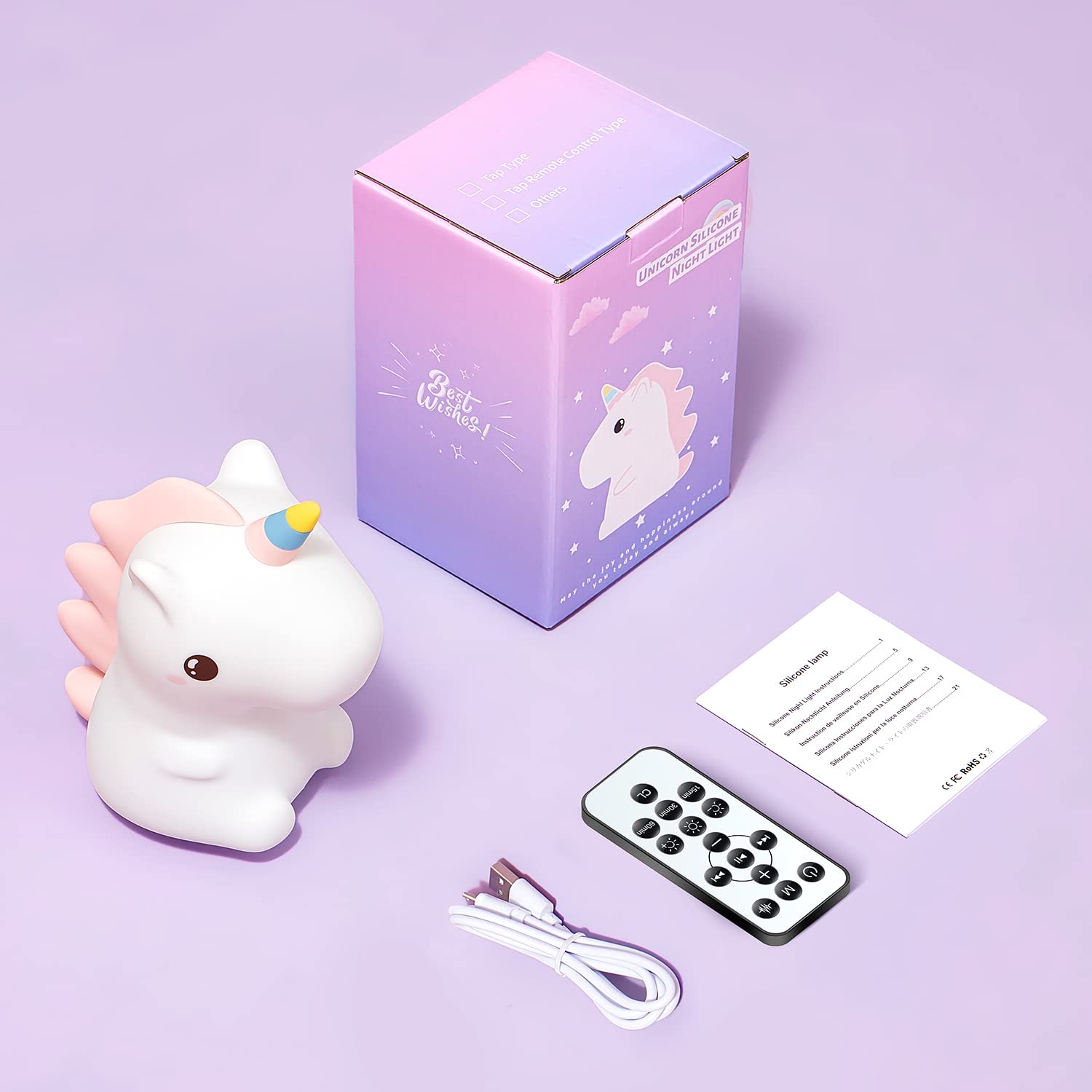 One Fire Unicorn Night Light - 16 Colors Silicone Lamp With Sound Machine, Rechargeable, Timer, Cute Design For Kids Bedroom