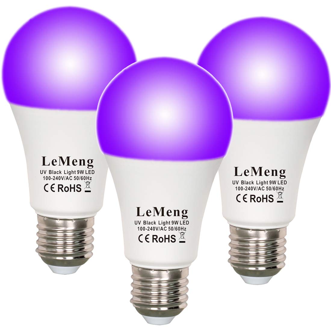 LEMENG LED Black Light Bulb, 9W Blacklight A19, UVA 395-400nm, E26 Medium Base, 3 Pack, UV Blacklight, Aluminum