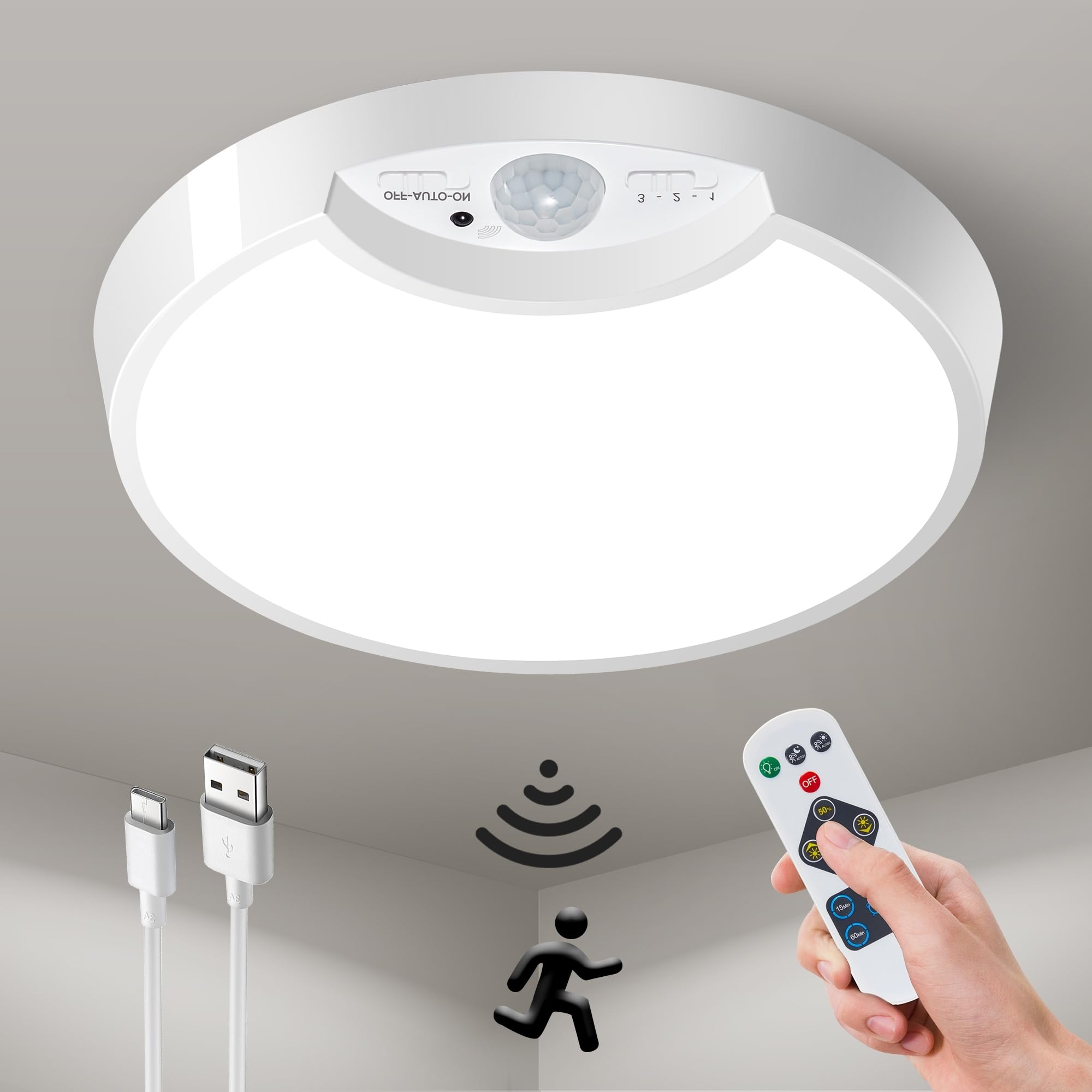 Homelist Rechargeable Ceiling Light Battery Operated, Wireless Motion Sensor Light With Remote, Battery Powered Ceiling Light, Shower Lamp For Bathroom, Closets, Bedroom, Kitchen, Garage, Hallway