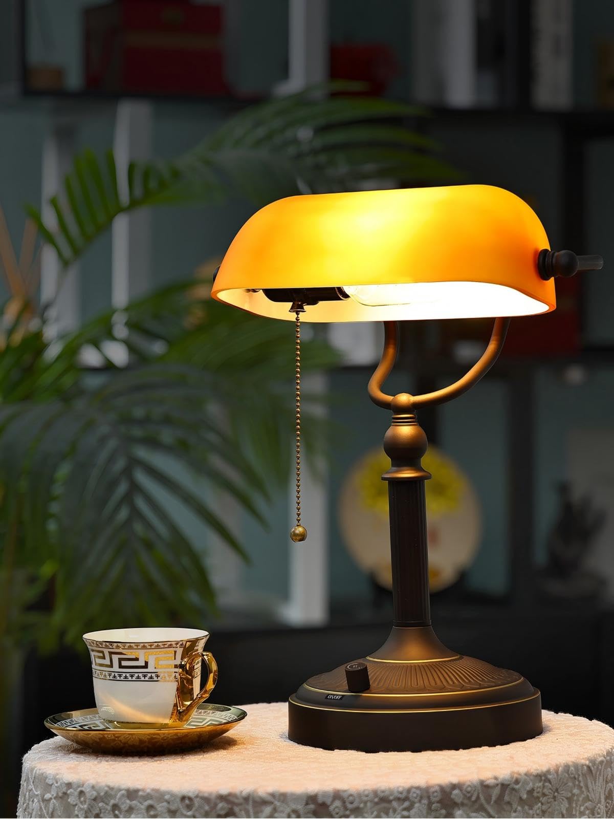 Newrays Dimmable Glass Bankers Desk Lamp T9008, Matted Amber, LED Bulb Included, Perfect for Home Office & Library