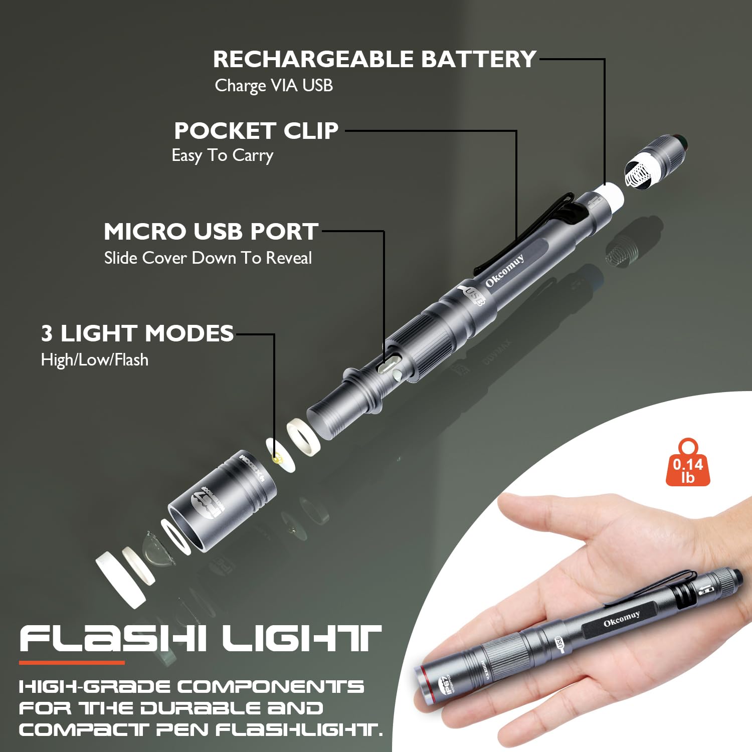 okcomuy Rechargeable Pen Light Flashlight, IP67 Waterproof, 4-Zoomable, Aluminum, Dark Grey, 1 Pack, Model PL-9266