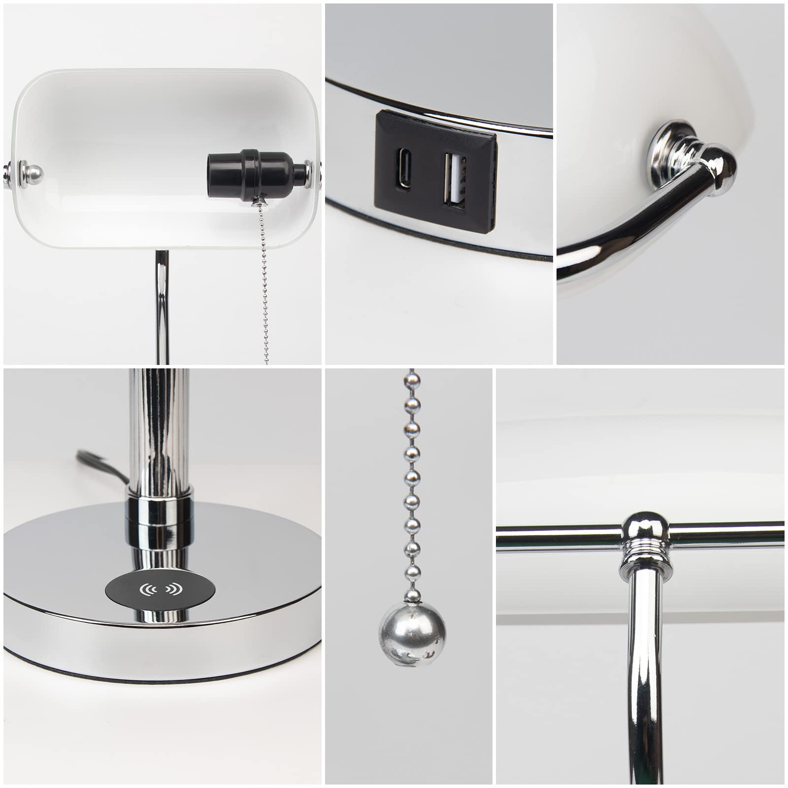 FIRVRE Bankers Lamp, White Glass Desk Lamp with Wireless Charger and 2USB Charging Port,Pull Chain Switch Lamp with Metal Base,M