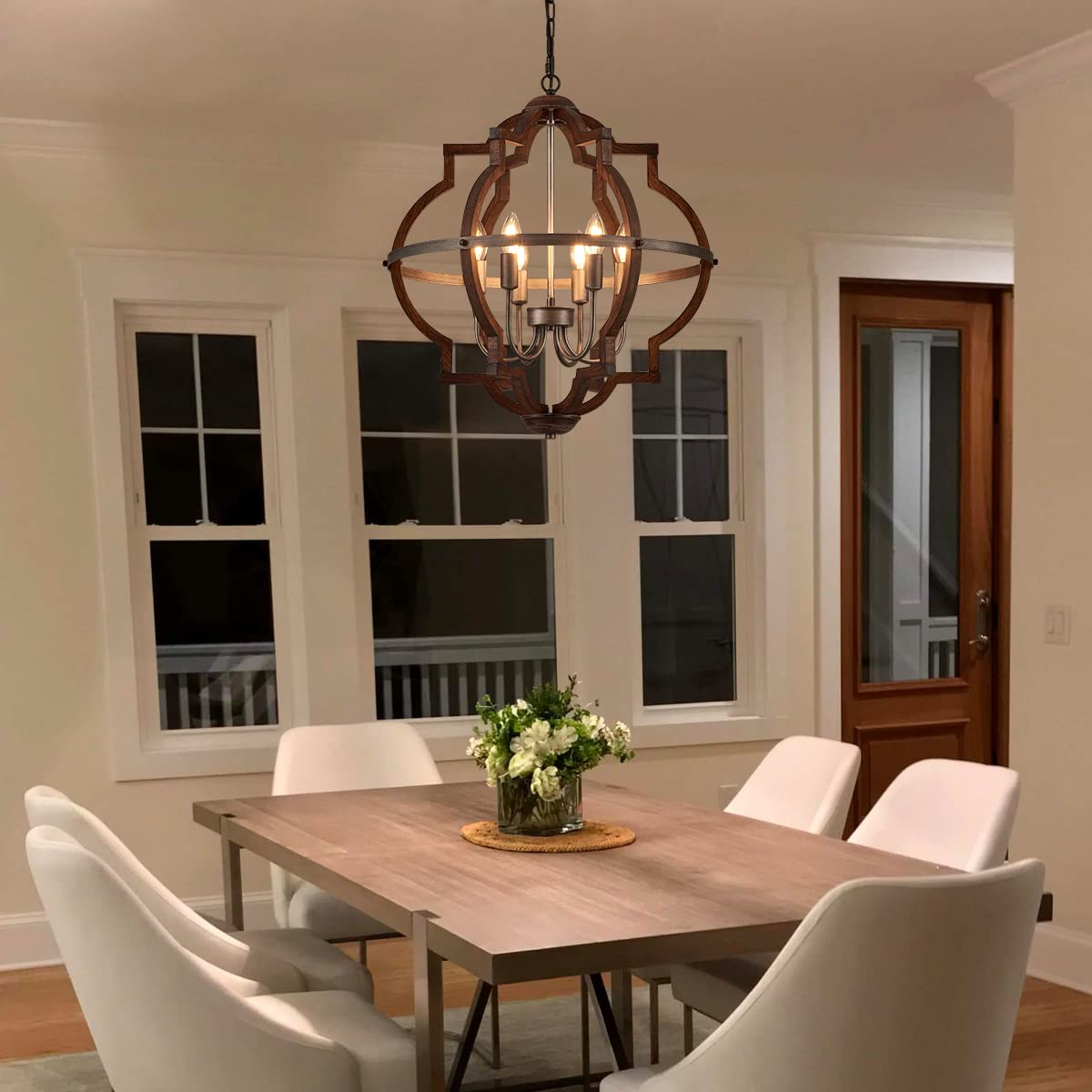 TACDANDM 23'' 6-Light Wood Farmhouse Chandelier, Vintage Oak Brown Pendant Light for Dining Room, Metal, Model DG-011
