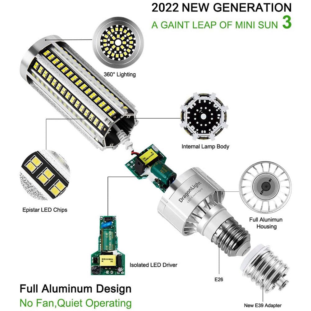 DragonLight 50W Corn LED Light Bulb, 6000K Daylight, E26/E39 Base, 6000LM, Fanless, Aluminum