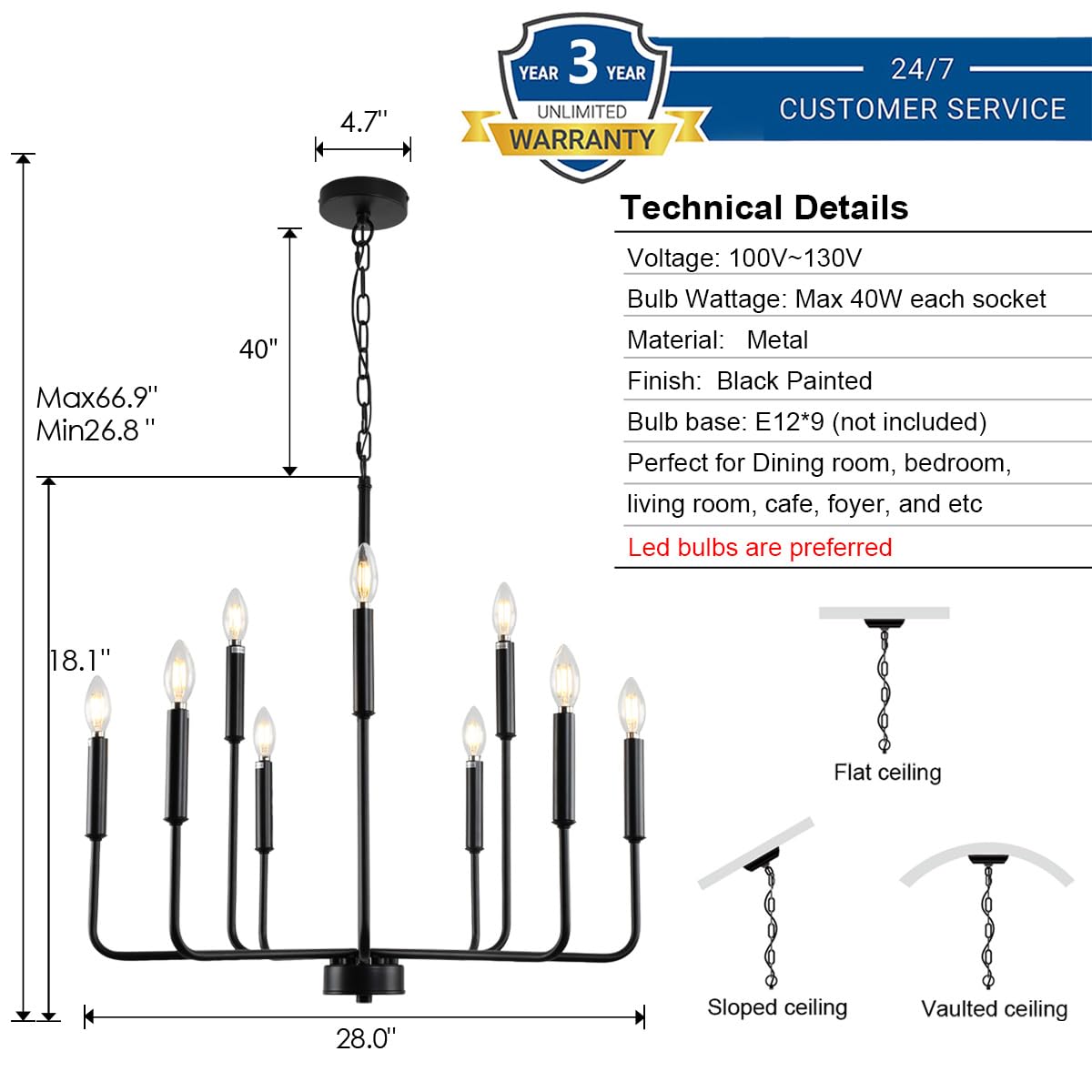Gifarich Black Chandelier Light Fixture for Dining Room, 12 Lights, Metal, Gold, Model 8836