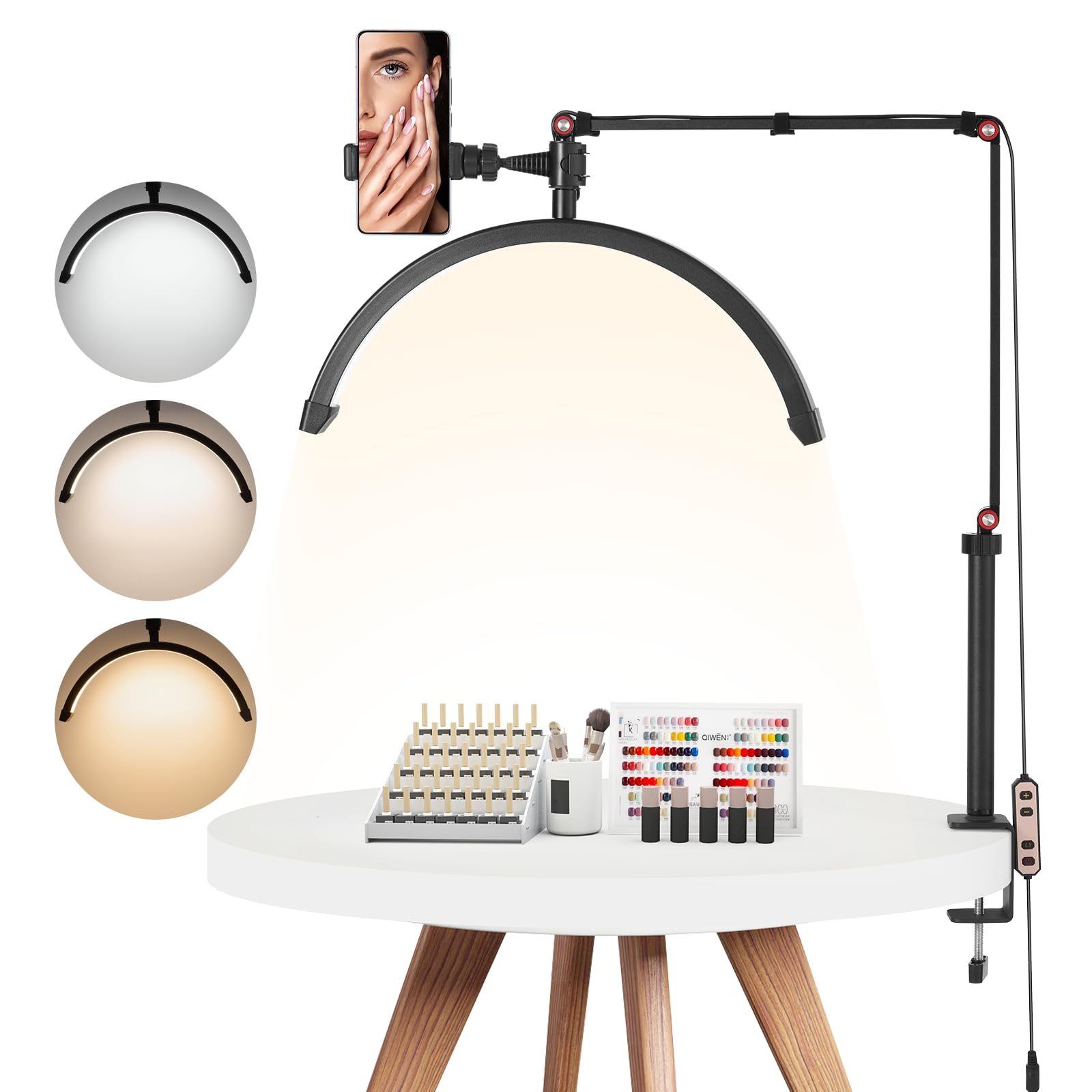VEVOR Nail Desk Light, 20 W Clip on Half Moon Lash Light with Phone Holder, Adjustable Brightness and Color Temperature, Arched