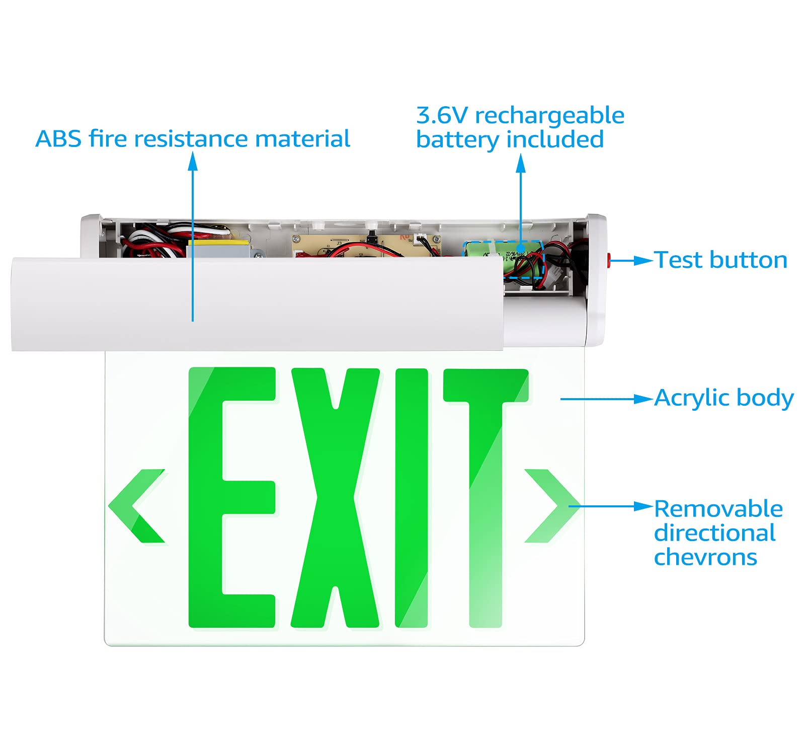 Leonlite Green Emergency Exit Sign, Ul 924, Led Edge Lit Exit Sign, Hardwired Exit Lights With Battery Backup, Double Sided, Rot