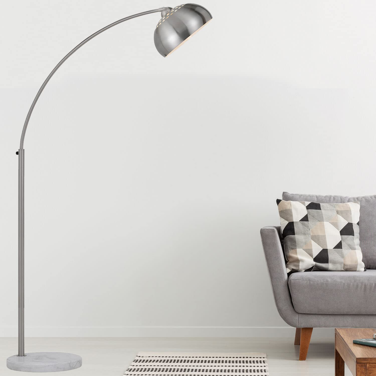 AF Lighting Orb Adjustable Plug-in Floor Lamp with Online Foot Switch, Marble Base and Brushed Nickel Metal Globe Shade for Home