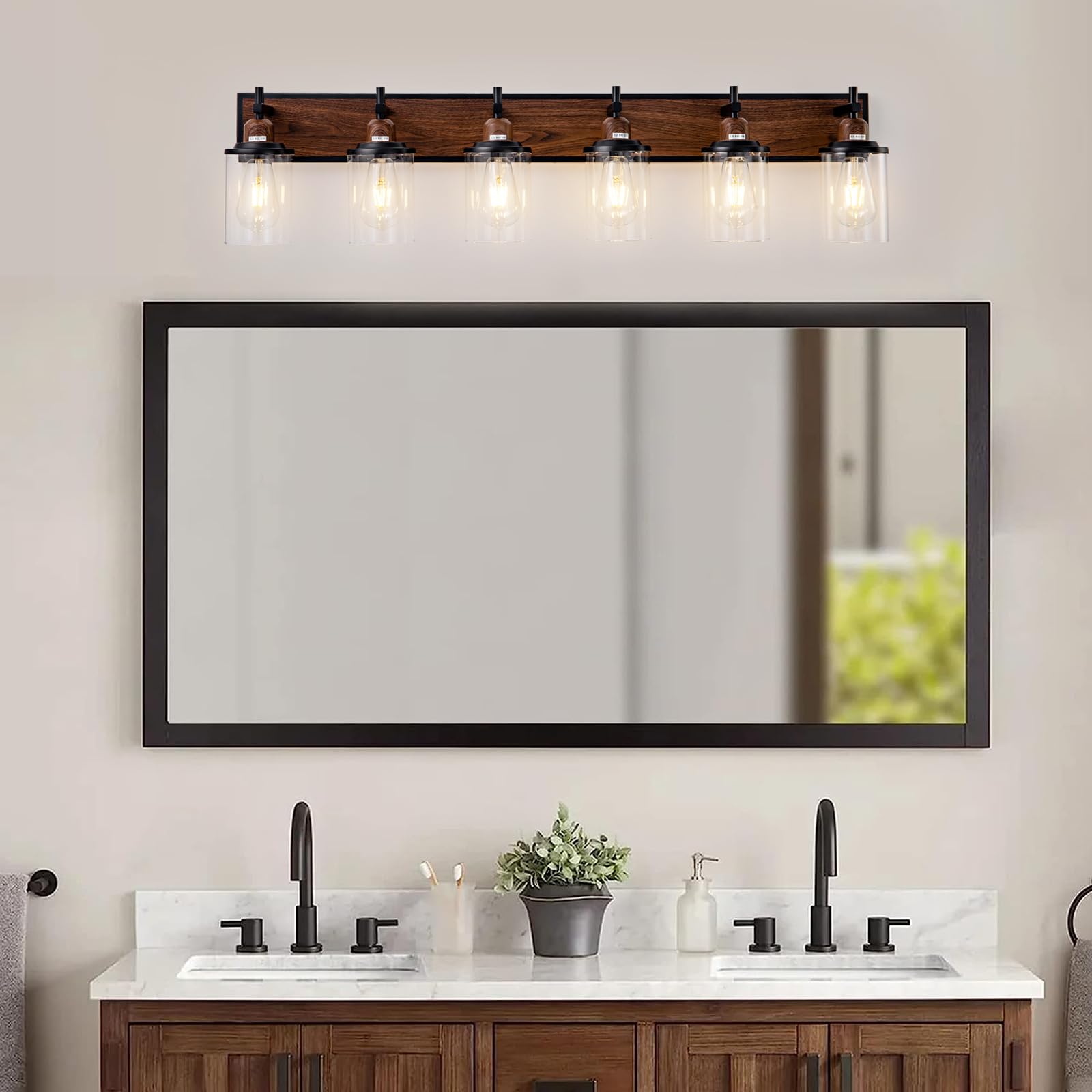 Lanhall 6-Light Farmhouse Bathroom Light Fixtures Vintage Bathroom Vanity Lights Over Mirror Black And Wood Painted Metal Vanity