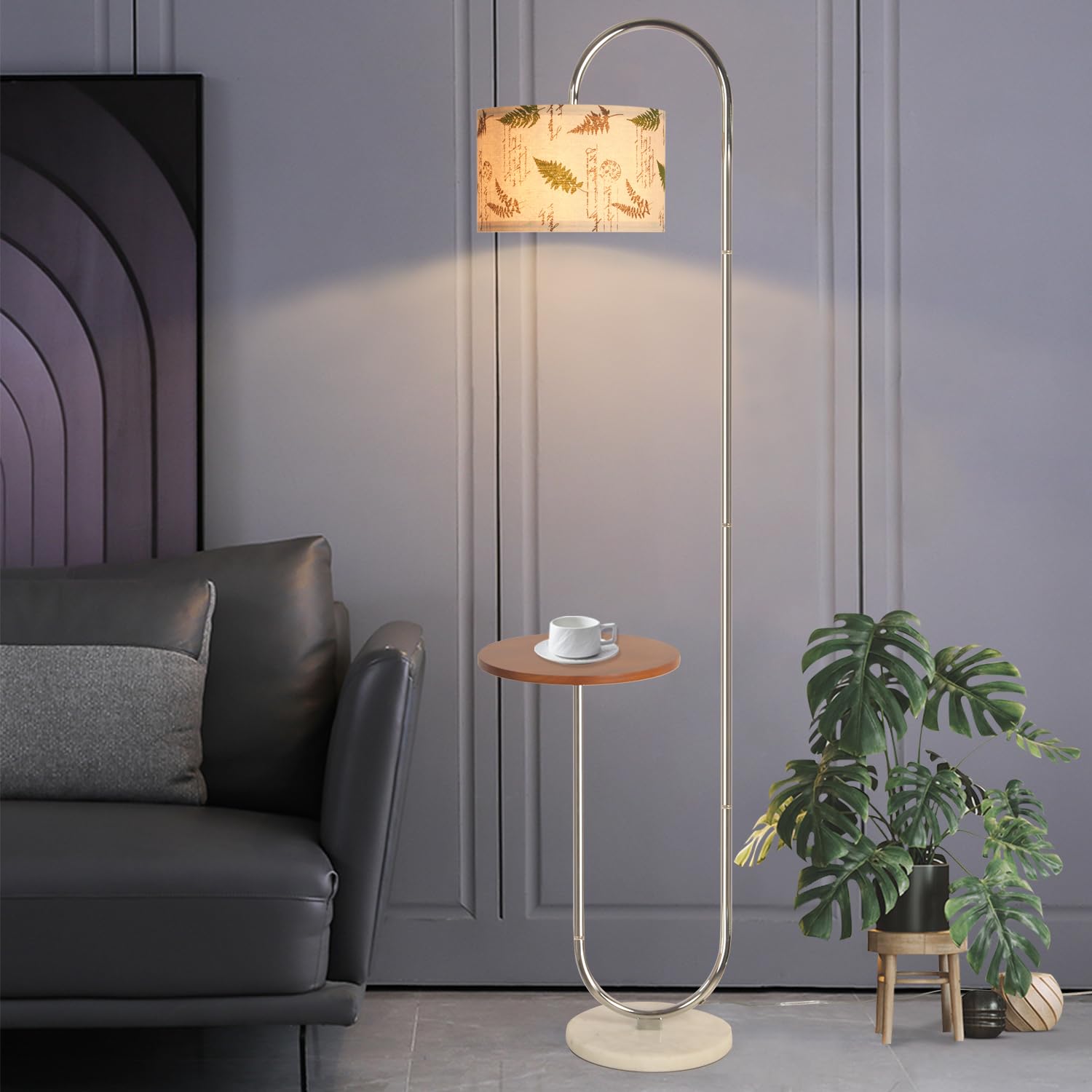 Hsyile Arc Floor Lamp with Marble Base, Chrome Finish, Hanging Drum Shade, Model KU296297