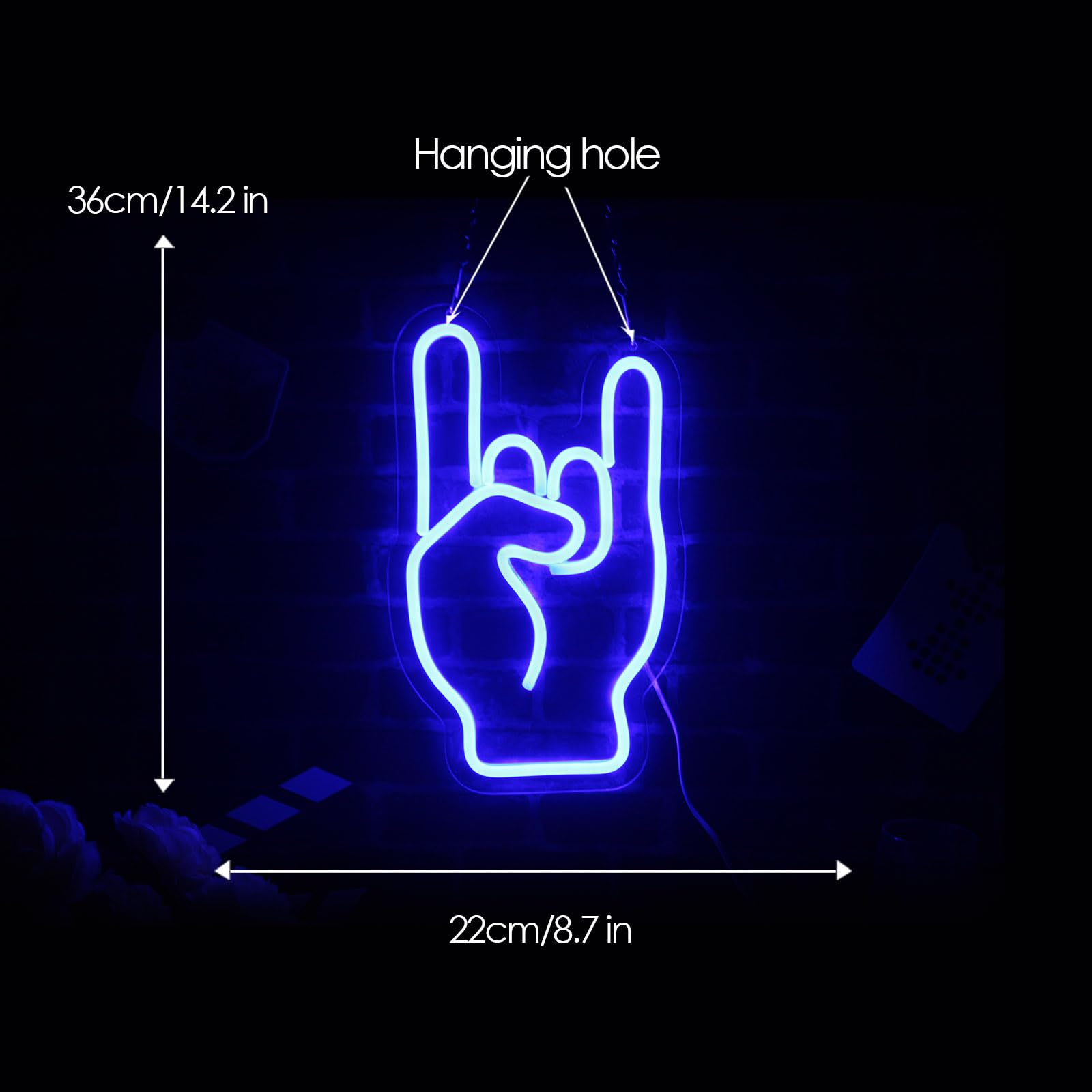 LeDigPig Rock on Hand Neon Sign LED Wall Decor Dimmable 14inx8.4in Acrylic Blue Stary-Rock on Hand for Bar Restaurant Music Concert