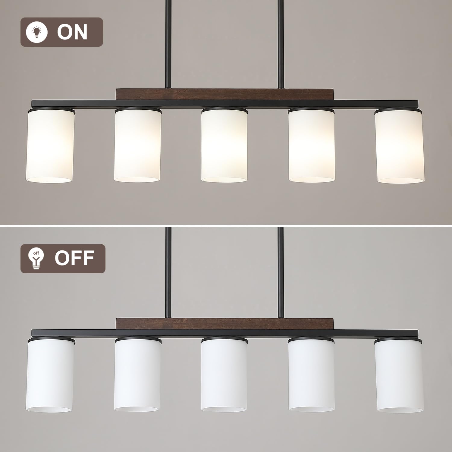 Mecgirn Black Pendant Light Fixtures, 5 Light Linear Chandelier with Milk Glass Shade for Dining Room and Kitchen Island, Model D0016-5-M