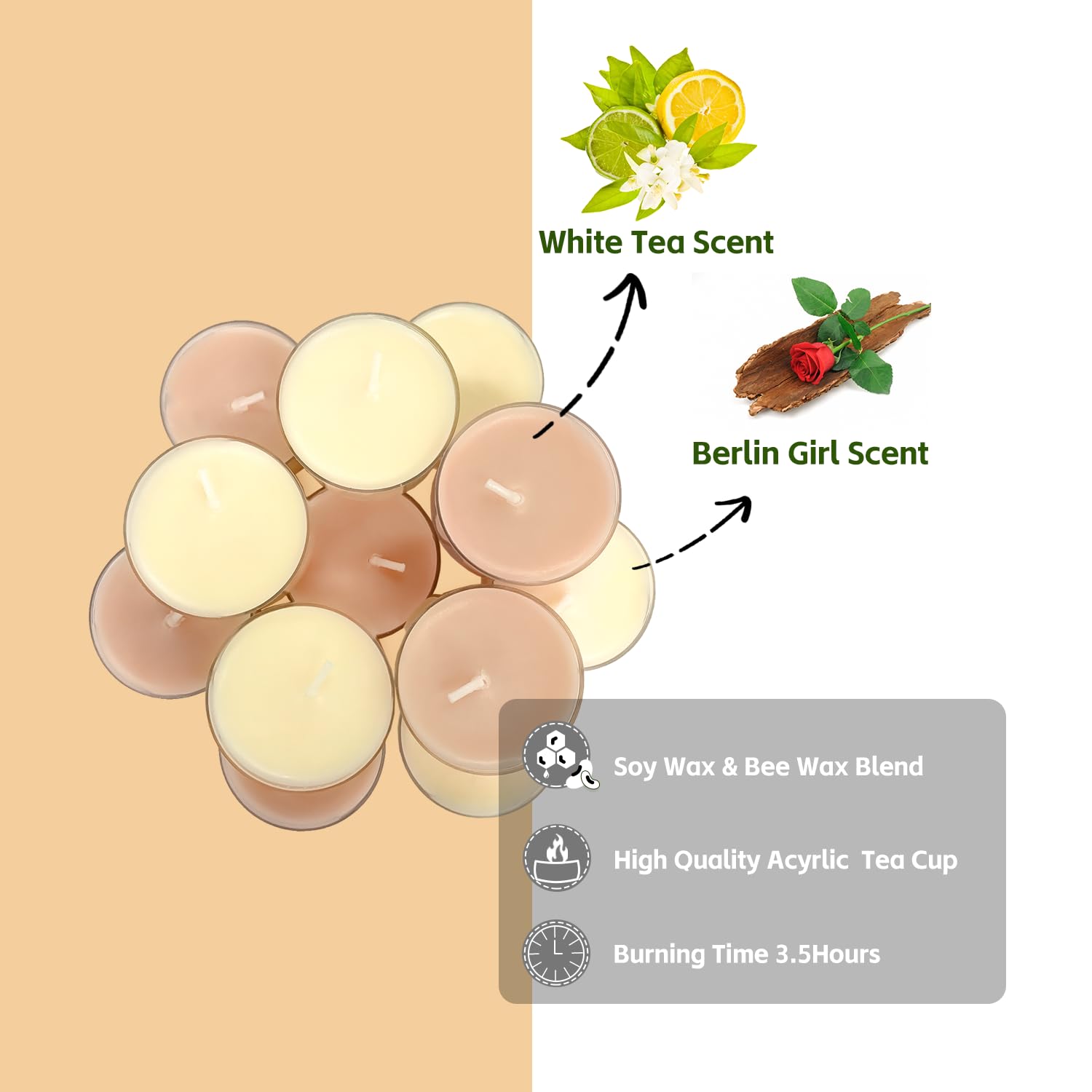 24 Pack Scented Tealight Candles, Bee Wax & Soy Wax Blended Tea Light Candles, White Tea Scented, Mini Candles in Clear Acrylic