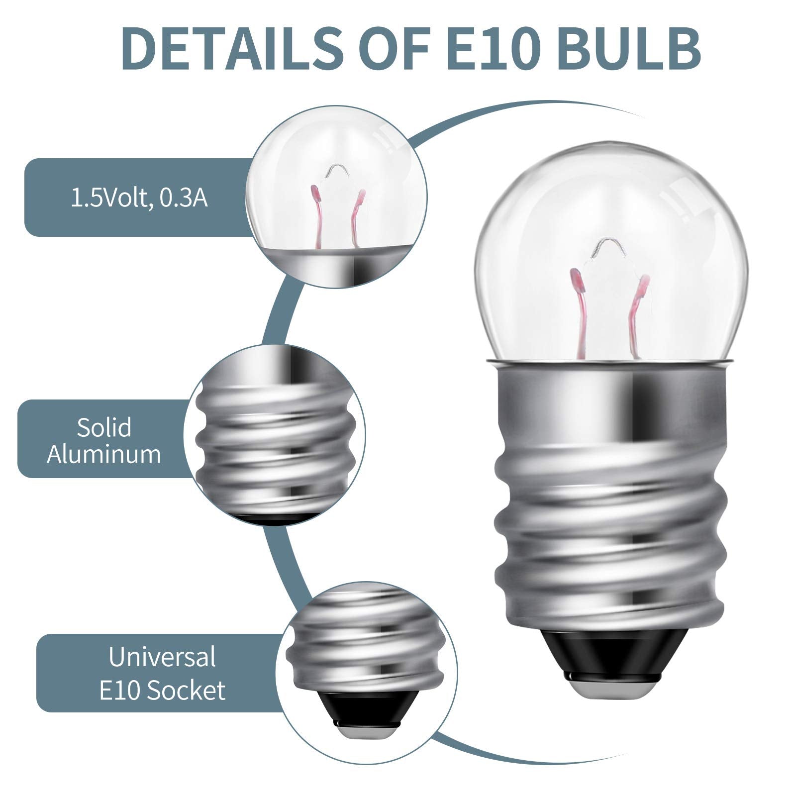 Honoson E10 Miniature Screw Base Light Bulbs, 20 Count, 1.5V, 0.3A, Incandescent Replacement Bulbs for Electrical Experiments