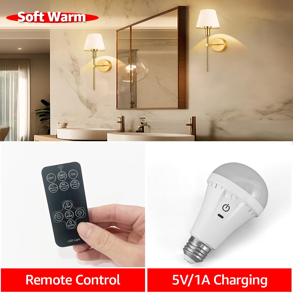 Blueye Rechargeable Light Bulbs,8W,60W Equivalent,Remote Control,Soft Warm 2700K-6000K,Flicker-Free,2600Mah,Emergency For Hurric