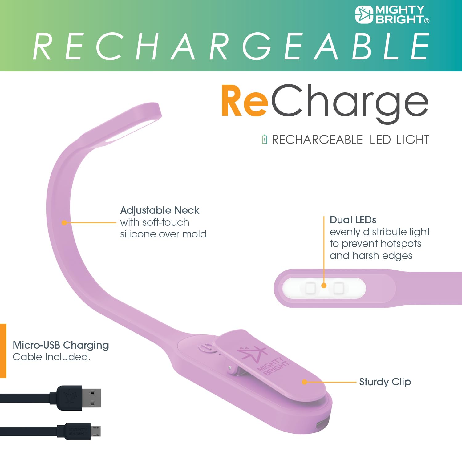 Mighty Bright The Original Recharge Clip On - Usb Rechargeable Book Light - Warm Led Reading Lamp - Flexible, Dimmable, Lasts Up