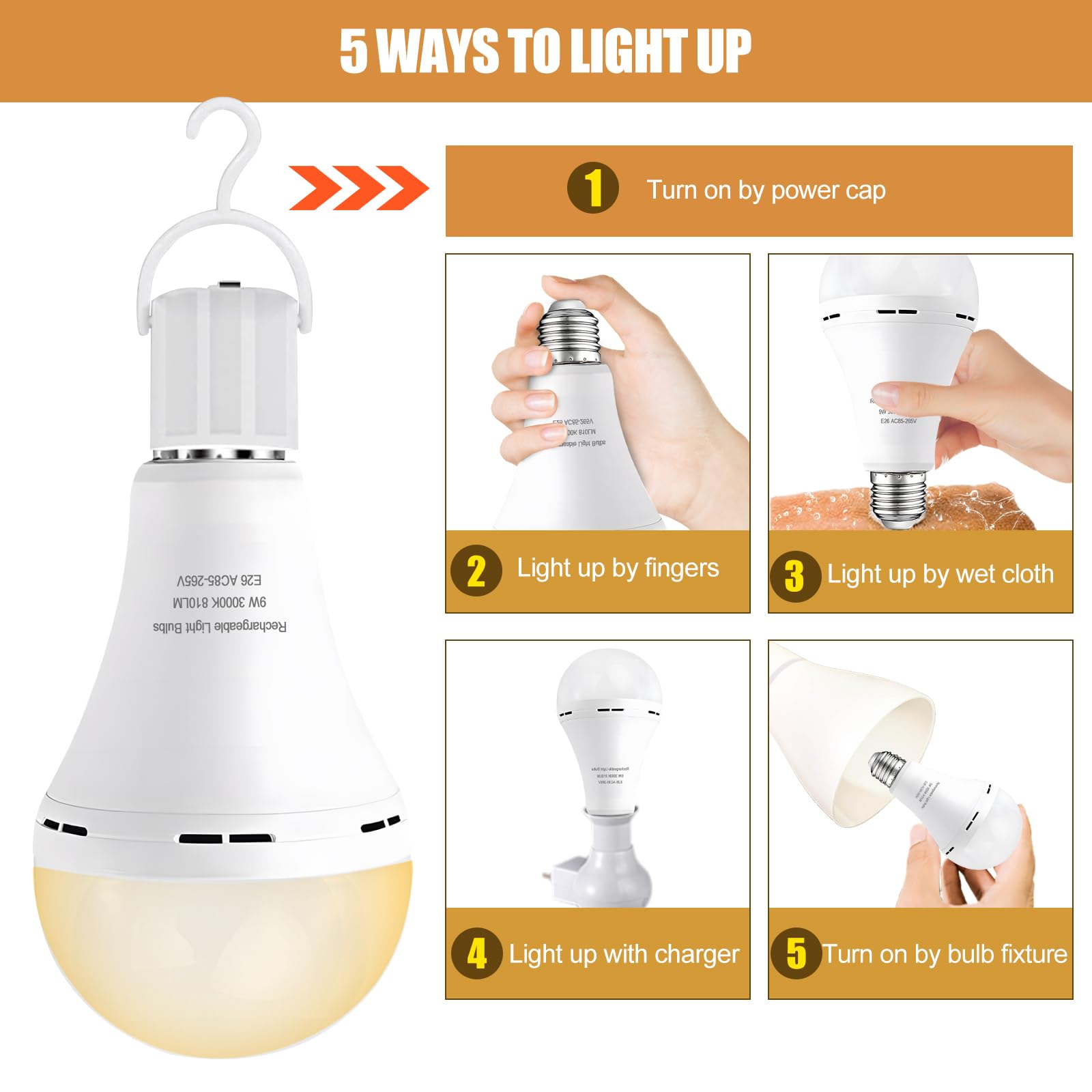 Noger Emergency Rechargeable Light Bulbs 6 Pack, A21 9W 3000K Battery Operated, 1200mAh for Home & Camping, Warm White