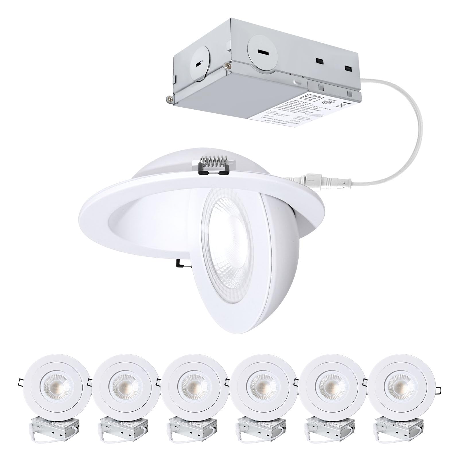 6-Inch Gimbal Recessed Light - 12W 90 Tilt & 360 Rotation, 1300lm, 5CCT (2700K-5000K), IC Rated LED Eyeball Recessed Lighting, f