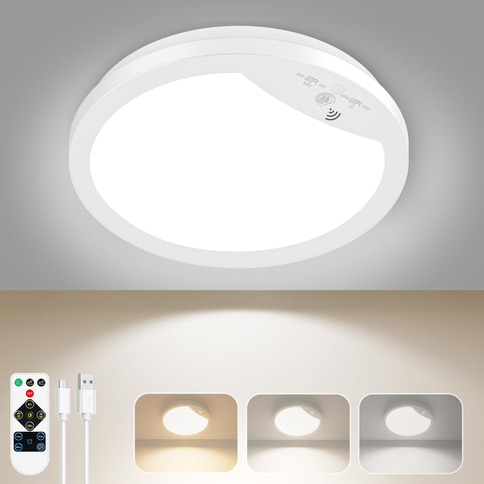 Lakumu 9'' Battery Operated Ceiling Light, Motion Sensor Rechargeable Wireless LED Ceiling Light with Remote, Dimmable Indoor Ov
