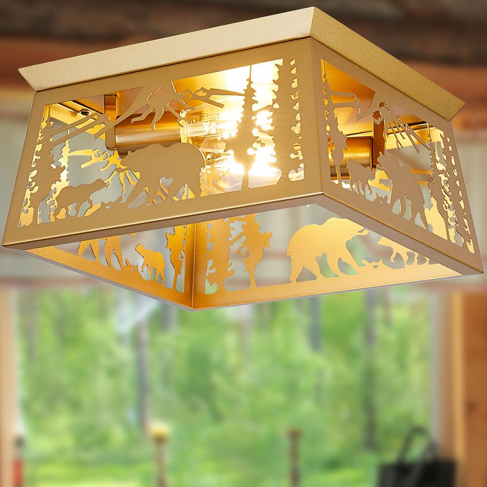 Gold Bear Lamp, Log Cabin Semi Flush Mount Ceiling Light Rustic Modern Farmhouse Golden Bear Light For Bedroom Entryway Living R