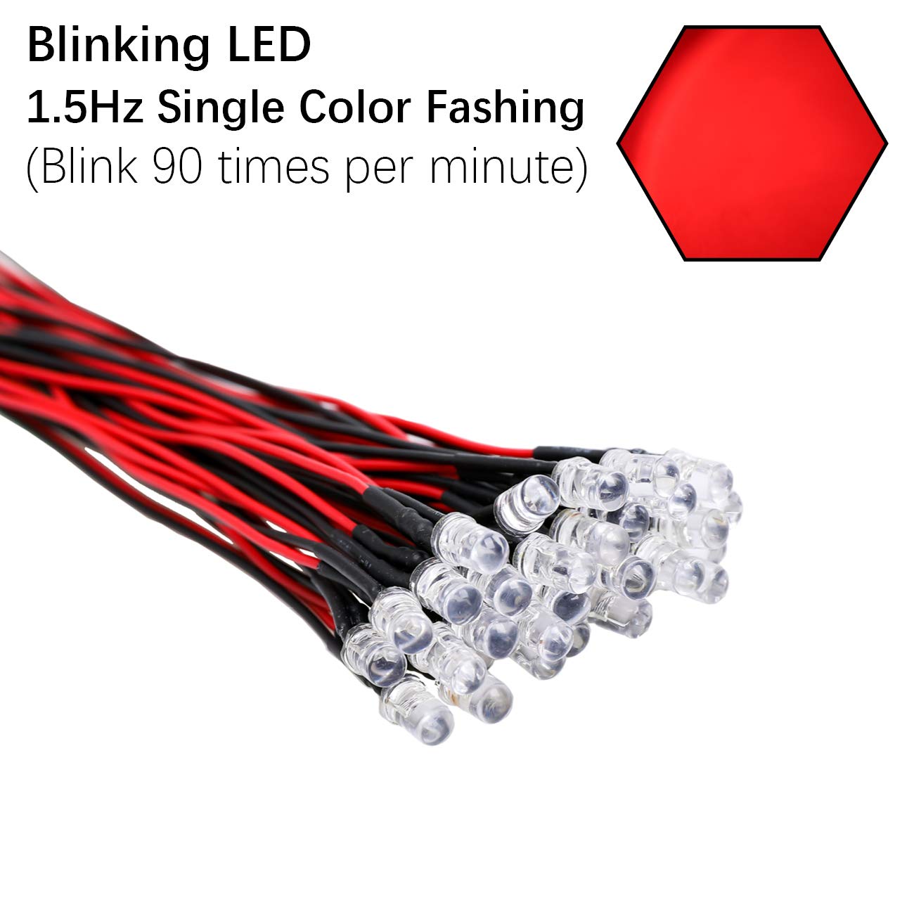 Edgelec 30Pcs 12 Volt 5Mm Red Blinking Led Lights Emitting Diodes (1.5Hz Single Color Flashing) Pre Wired 7.9 Inch Dc 12V Led Light Clear Lens Small Led Lamps
