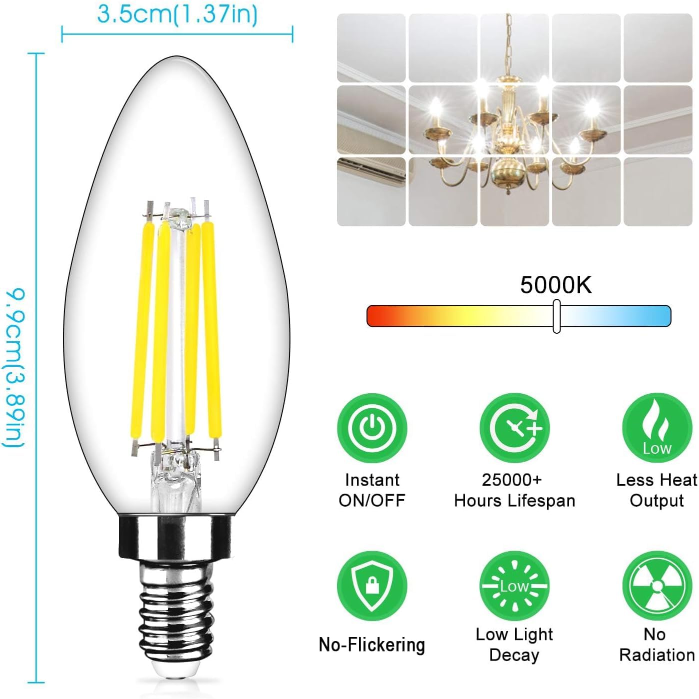 12-Pack Dimmable E12 Led Candelabra Bulbs 40Watt Equivalent, 5000K Daylight White, 450Lumens, 4W B11 Vintage Chandelier Light Bu