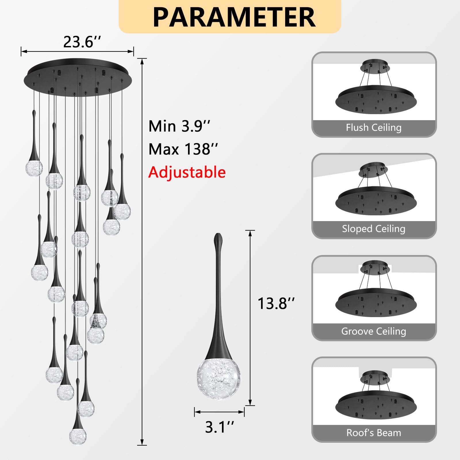 Cenozo 18-Light Modern Crystal Chandelier, LED Dimmable, Antique Black, Metal, Model RS2037-18B, Ideal for High Ceilings and Living Rooms