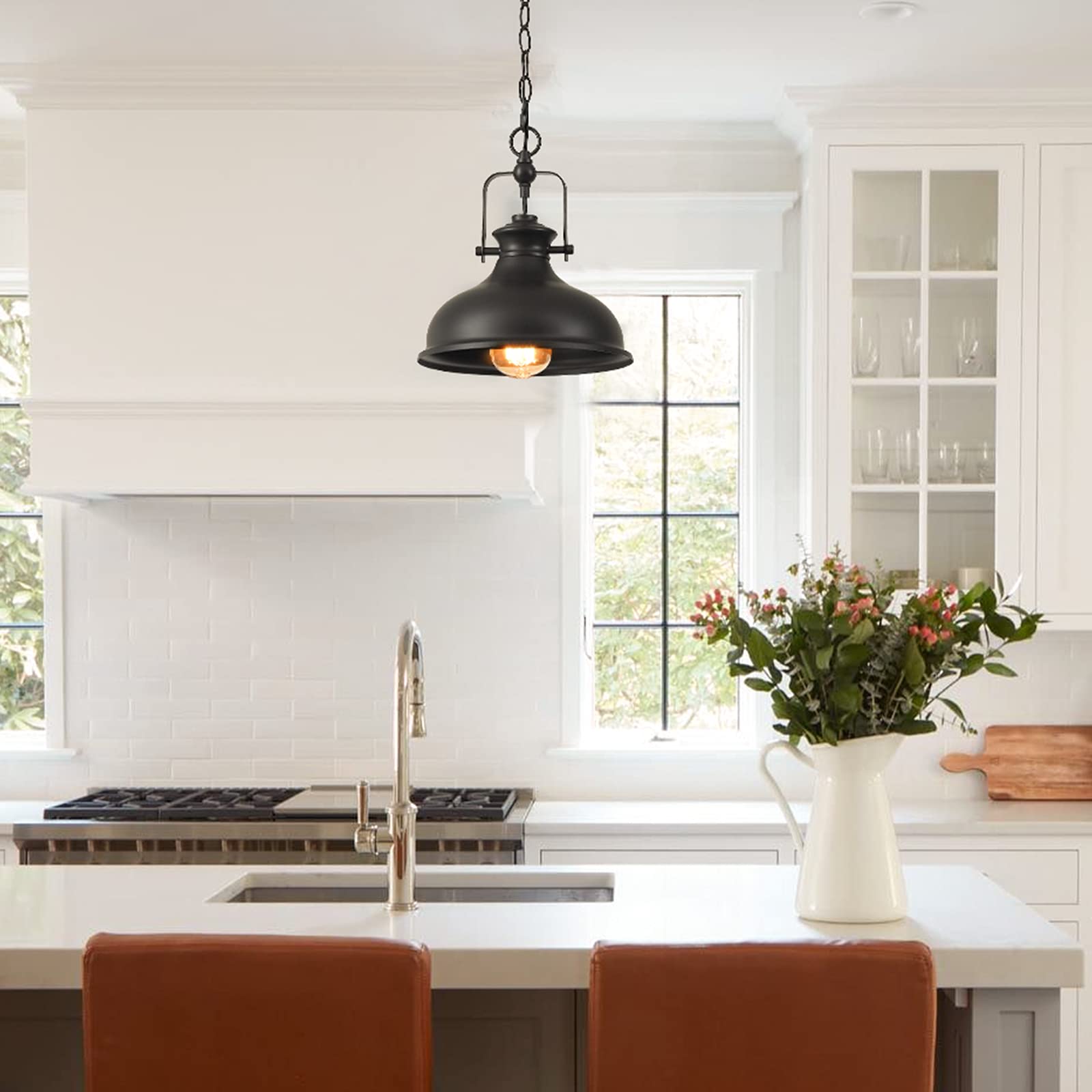 Gzbtech Industrial Dome Pendant Light, 1-Light Metal Chain Adjustable Farmhouse Hanging Light, 50.5 Inches Vintage Rustic Lighti