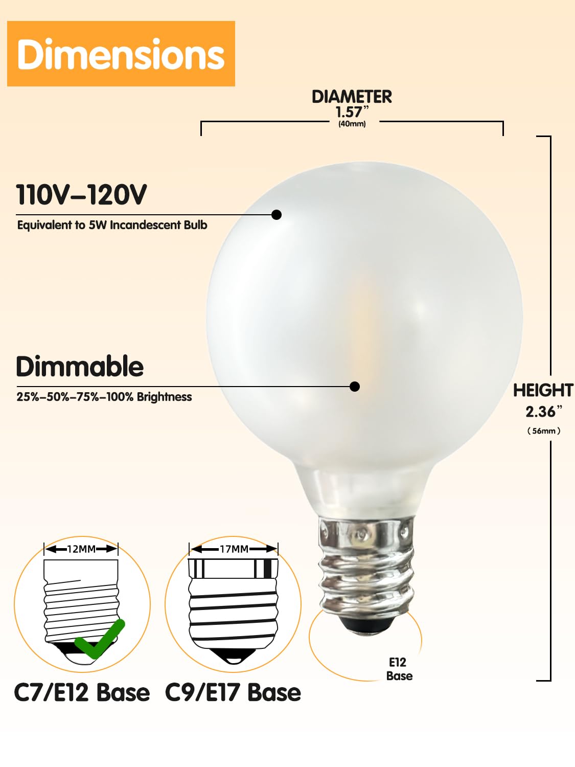 Sunsgne 25 Pack G40 Led Replacement Light Bulbs, E12 Screw Base Shatterproof Led Globe Frosted Bulbs Light For Indoor Outdoor St