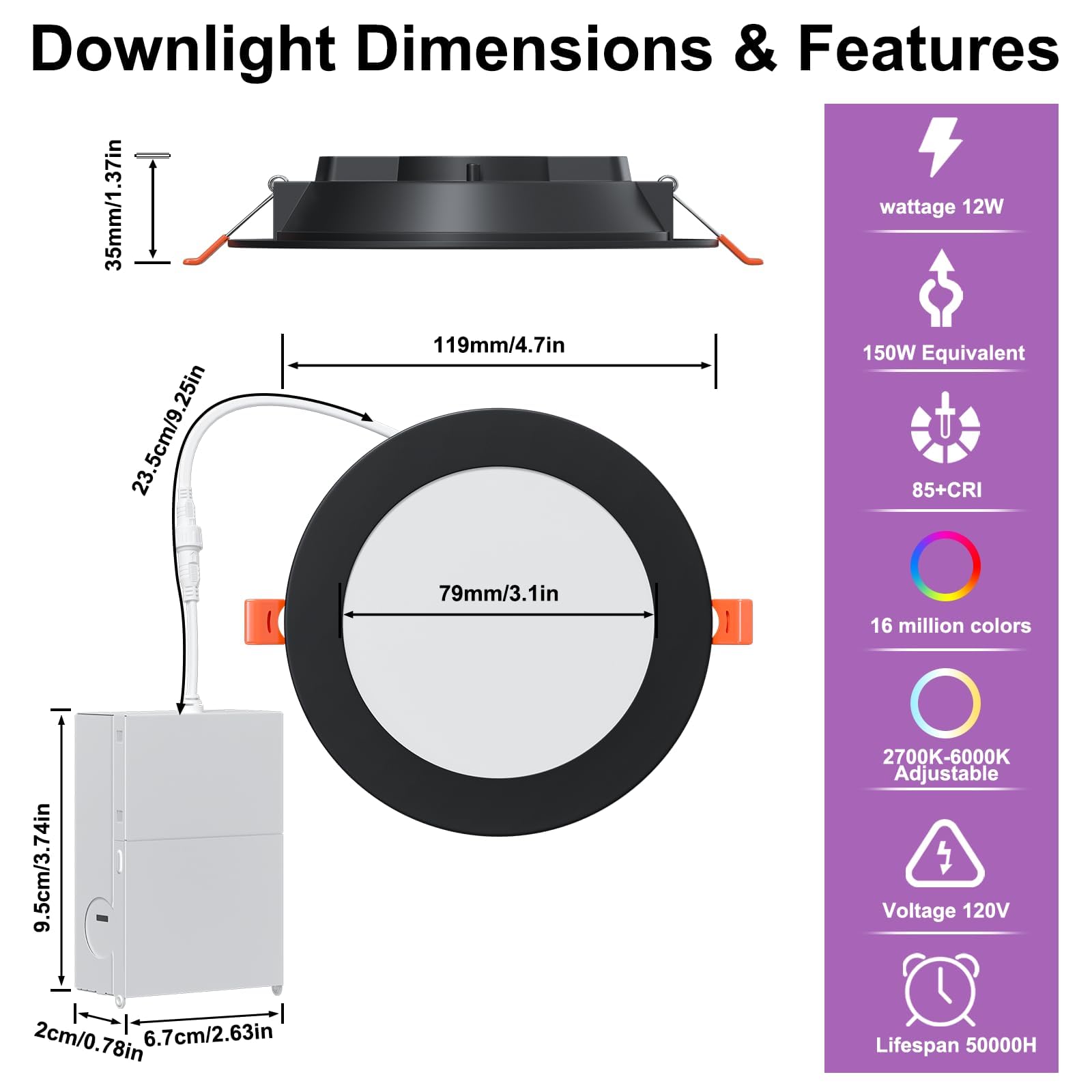 Siksog Black Smart Recessed Lighting 4 Inch Rgbcw Color Changing 12W Led Downlight With Junction Box 1000 Lumen Recessed Ceiling Light Compatible With Alexa Dimmable By Bluetooth Control -1Pack